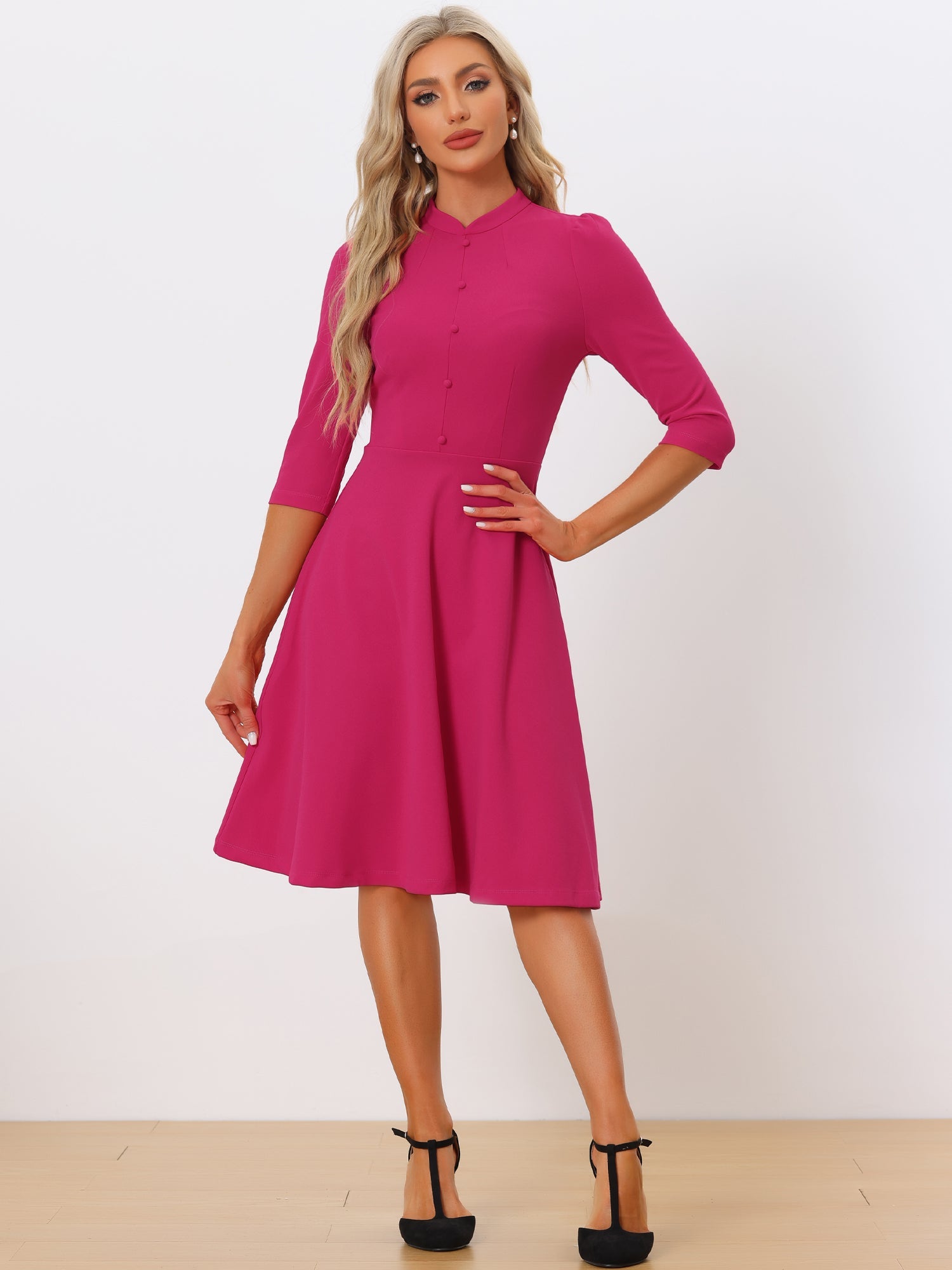 Retro 3/4 Sleeve Stand Collar Office Work Elegant A-Line Dress