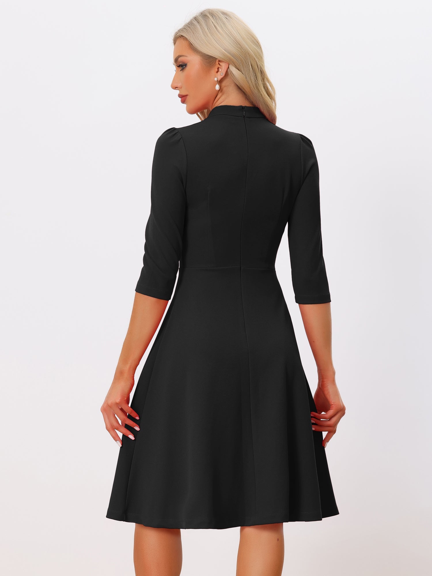 Retro 3/4 Sleeve Stand Collar Office Work Elegant A-Line Dress