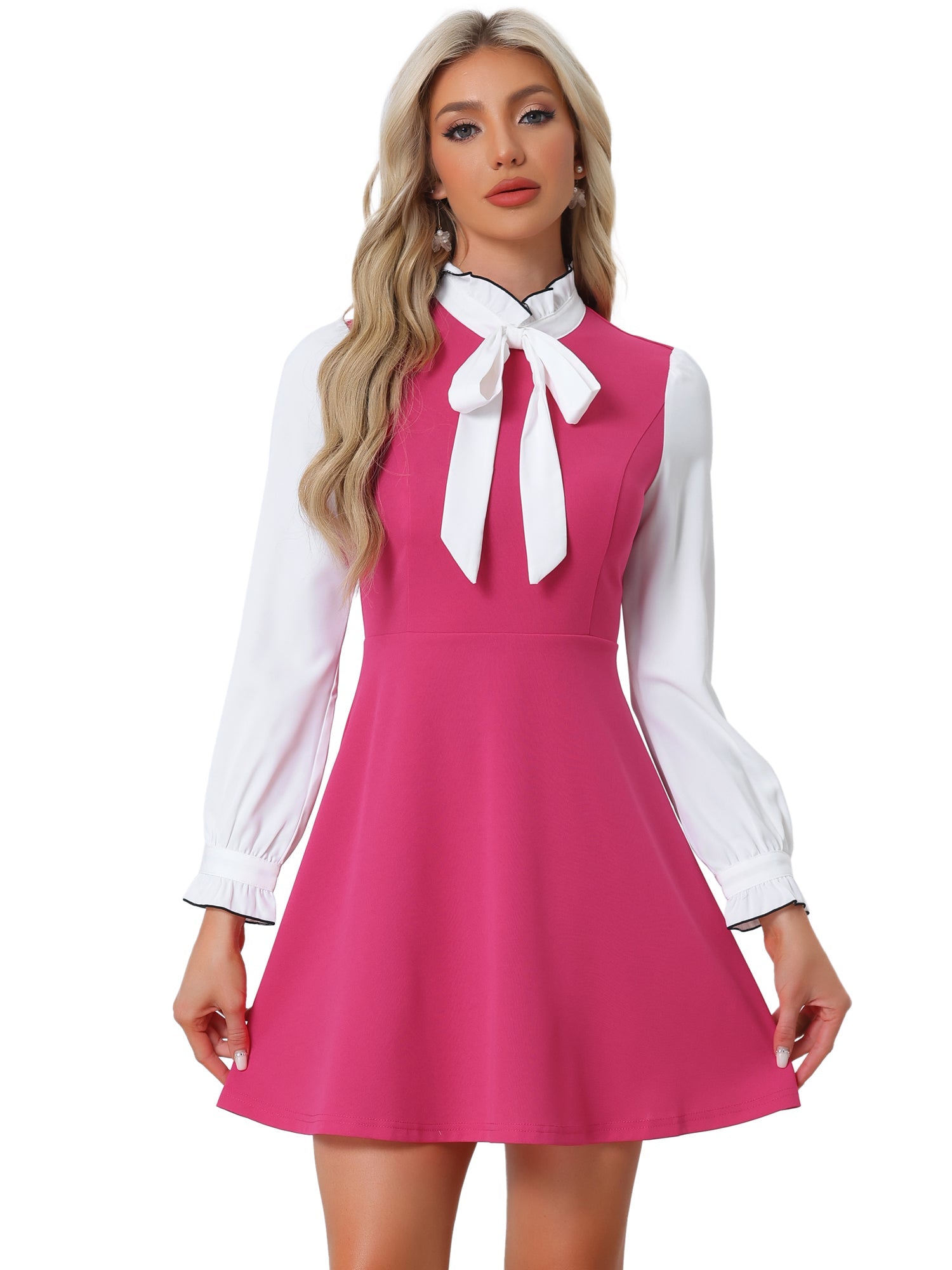 Patchwork Contrast Color Long Sleeve Tie Neck Mini Dress