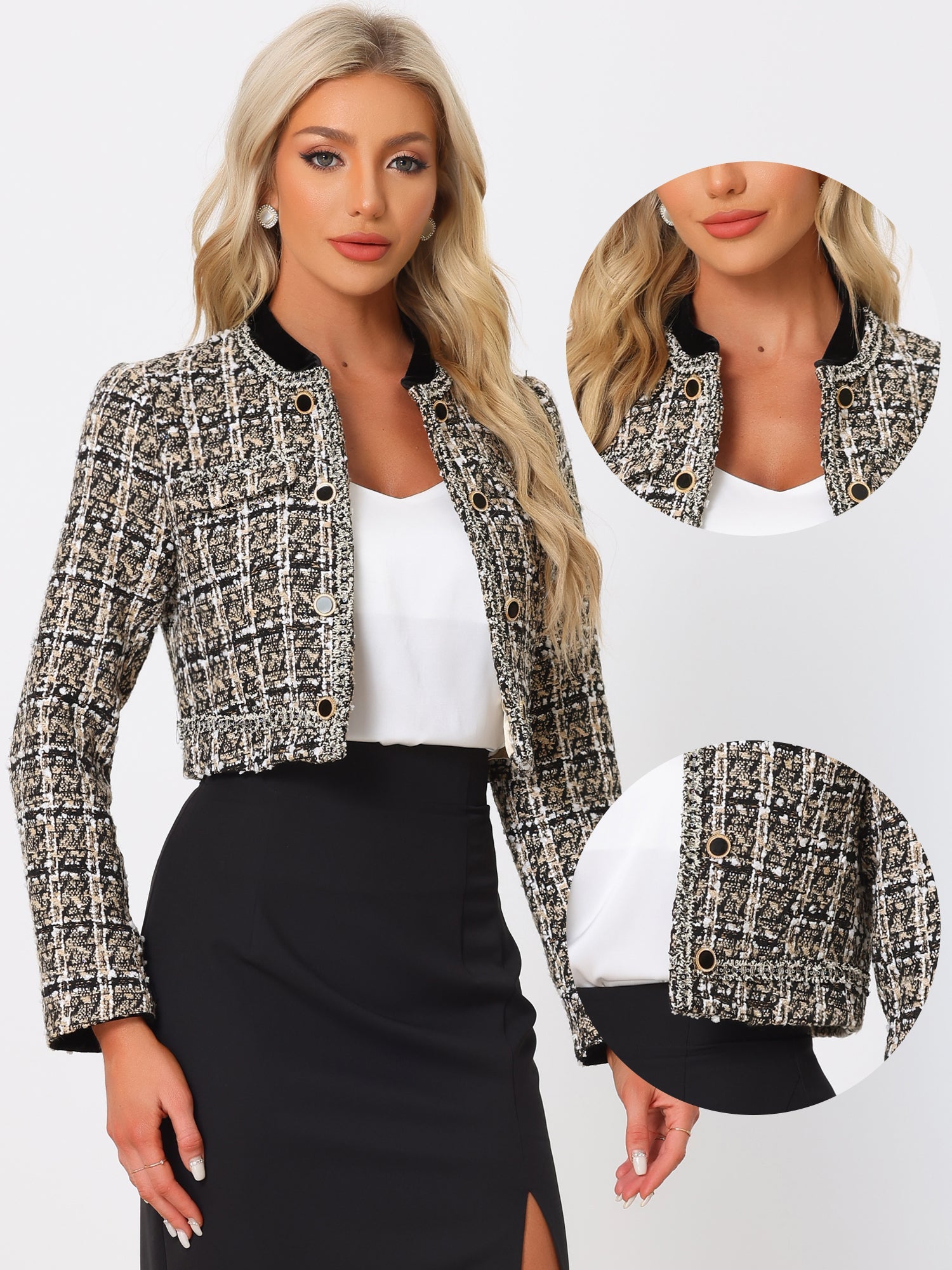 Stand Collar Double Breasted Elegant Plaid Tweed Crop Jacket