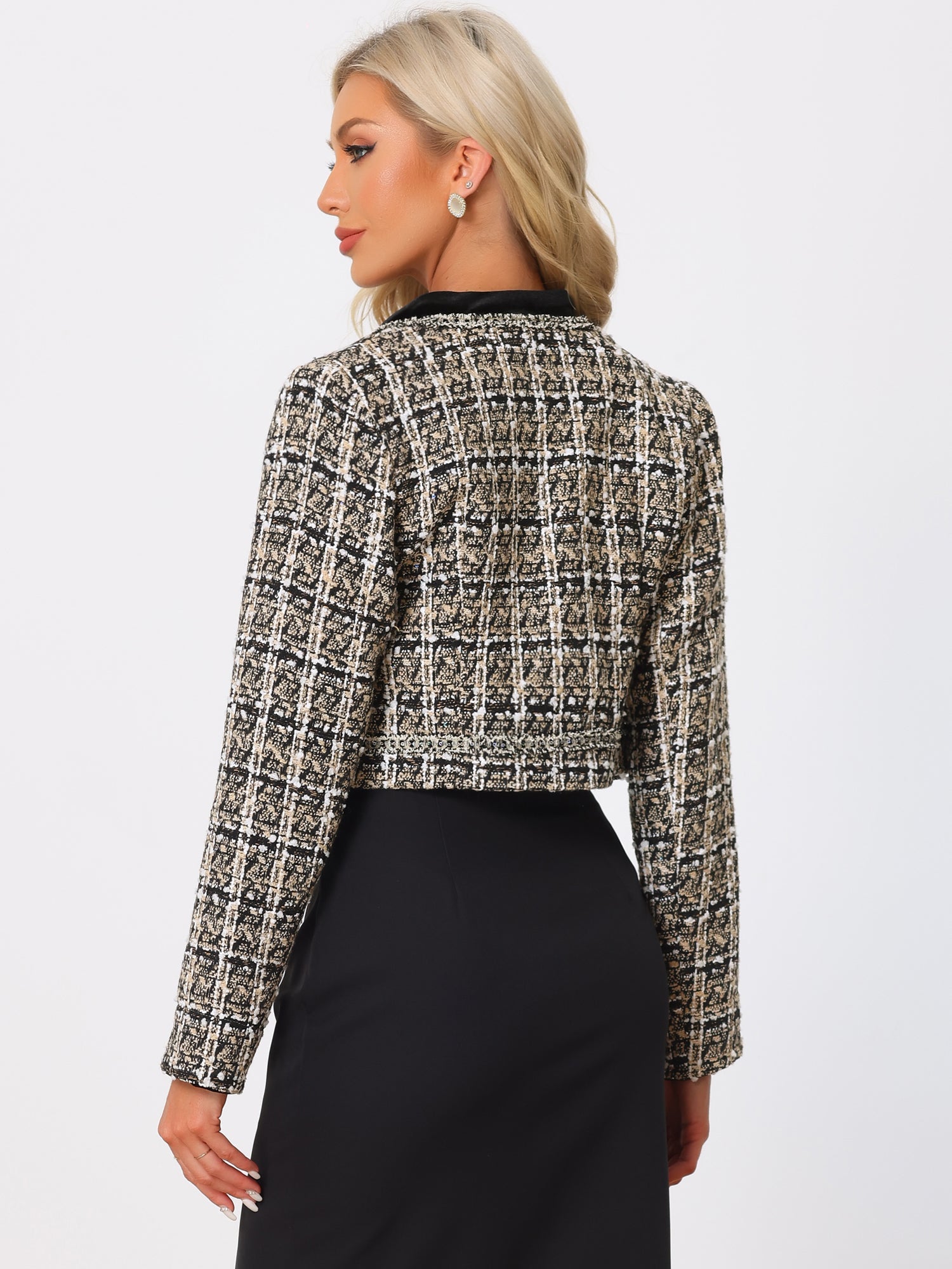 Stand Collar Double Breasted Elegant Plaid Tweed Crop Jacket