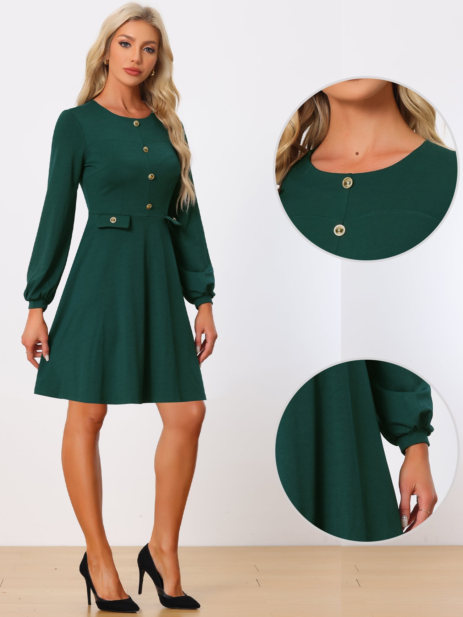 Crew Neck Office Contrast Button Decor Long Sleeve Dress