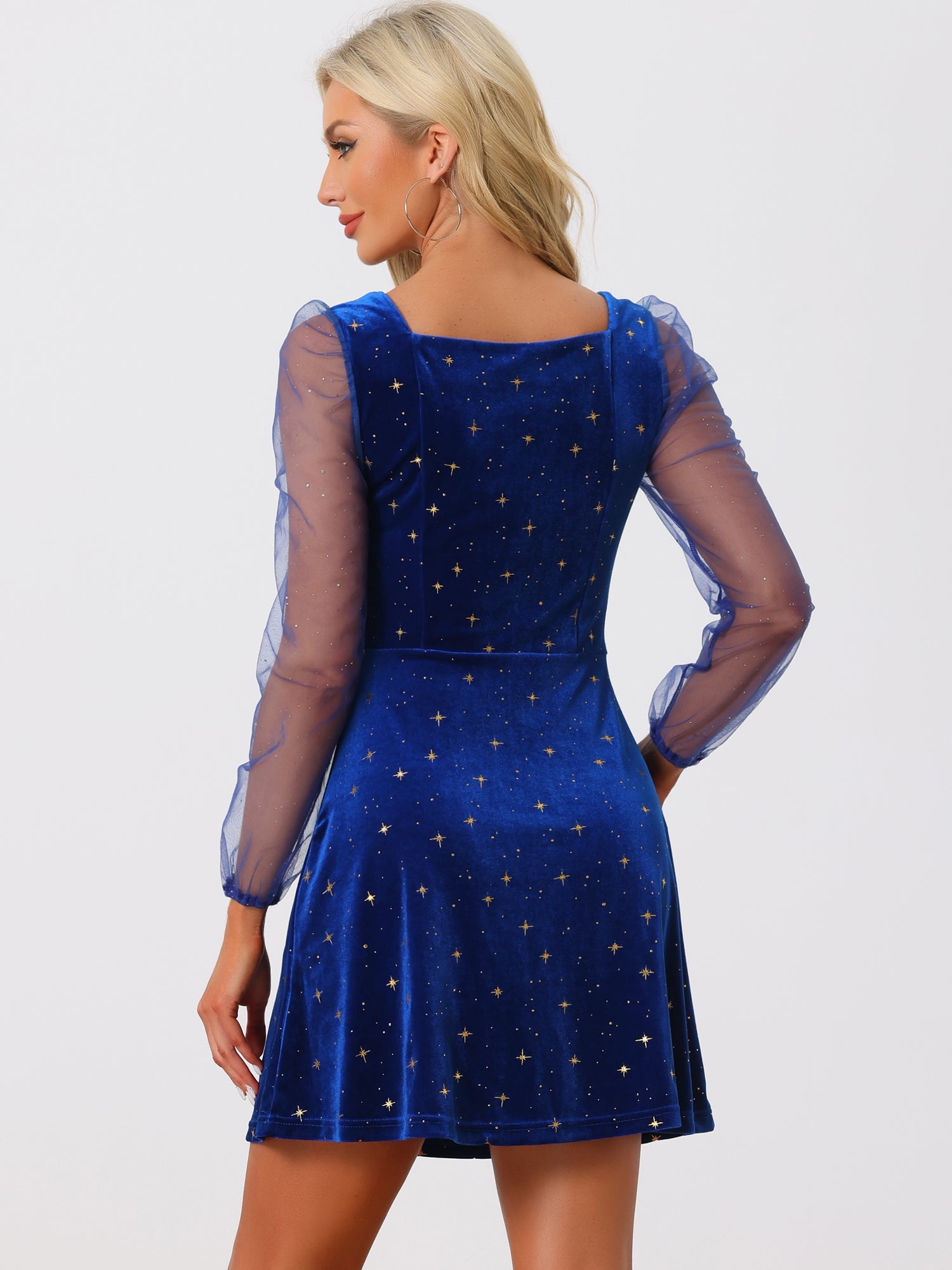 Sheer Puff Sleeve Square Neck Glitter Metallic Star Velvet Mini Dress