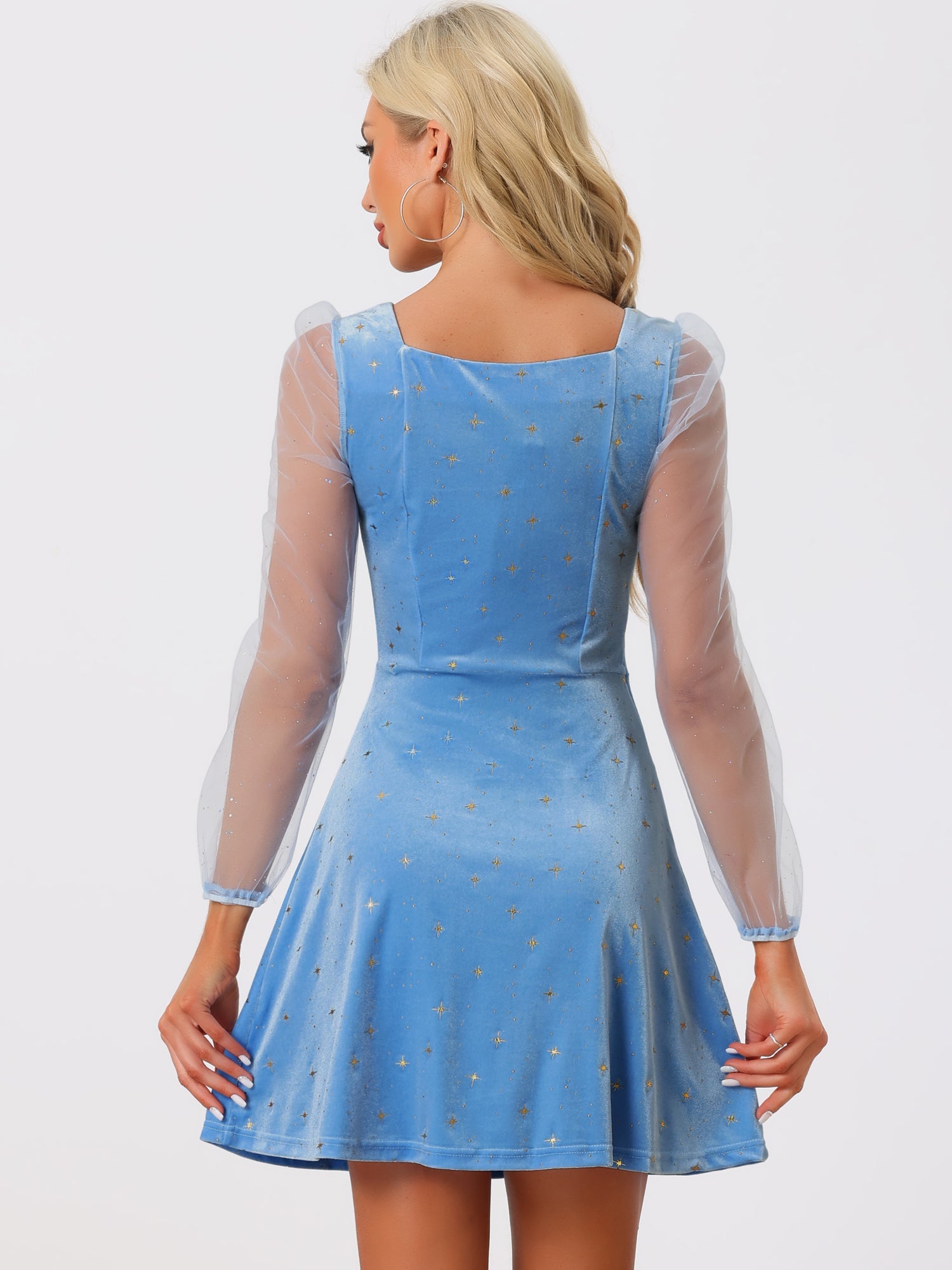 Sheer Puff Sleeve Square Neck Glitter Metallic Star Velvet Mini Dress