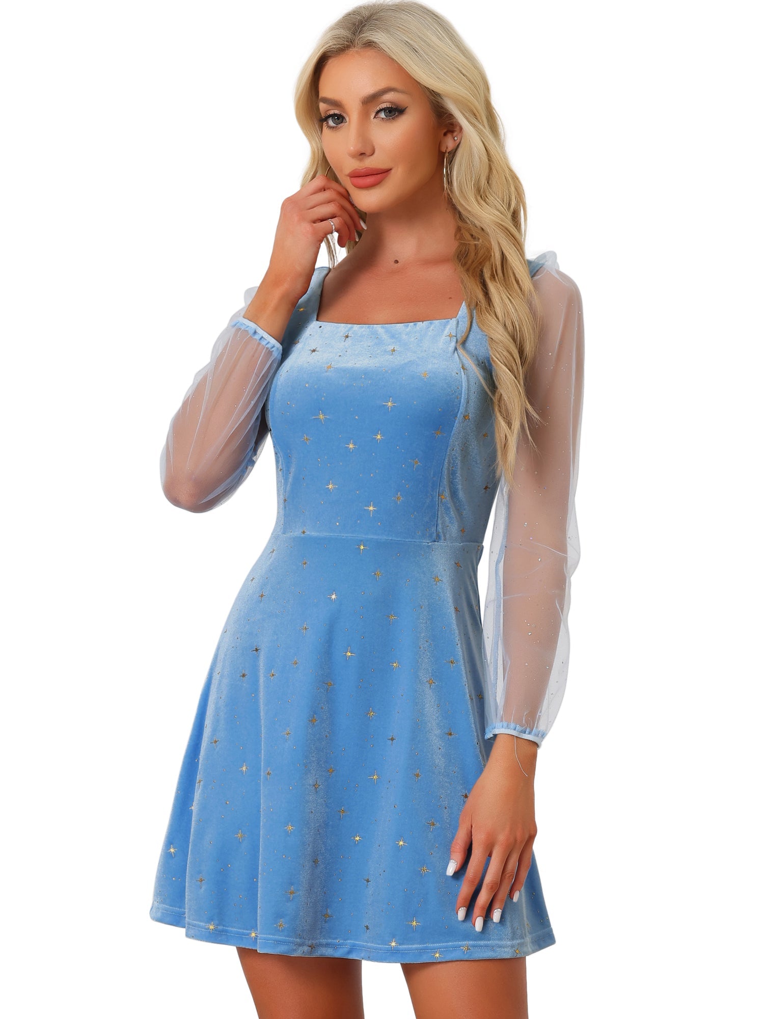 Sheer Puff Sleeve Square Neck Glitter Metallic Star Velvet Mini Dress