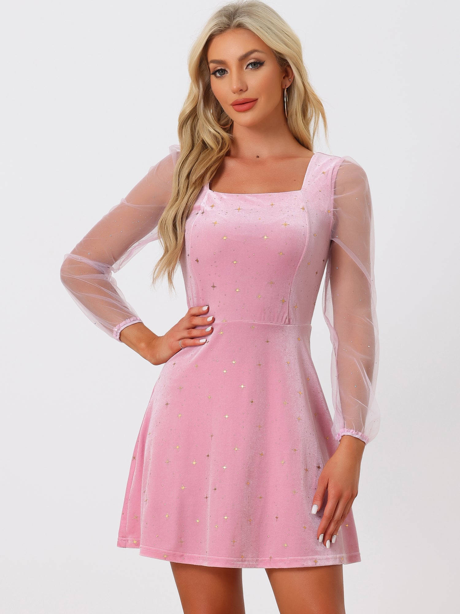 Sheer Puff Sleeve Square Neck Glitter Metallic Star Velvet Mini Dress