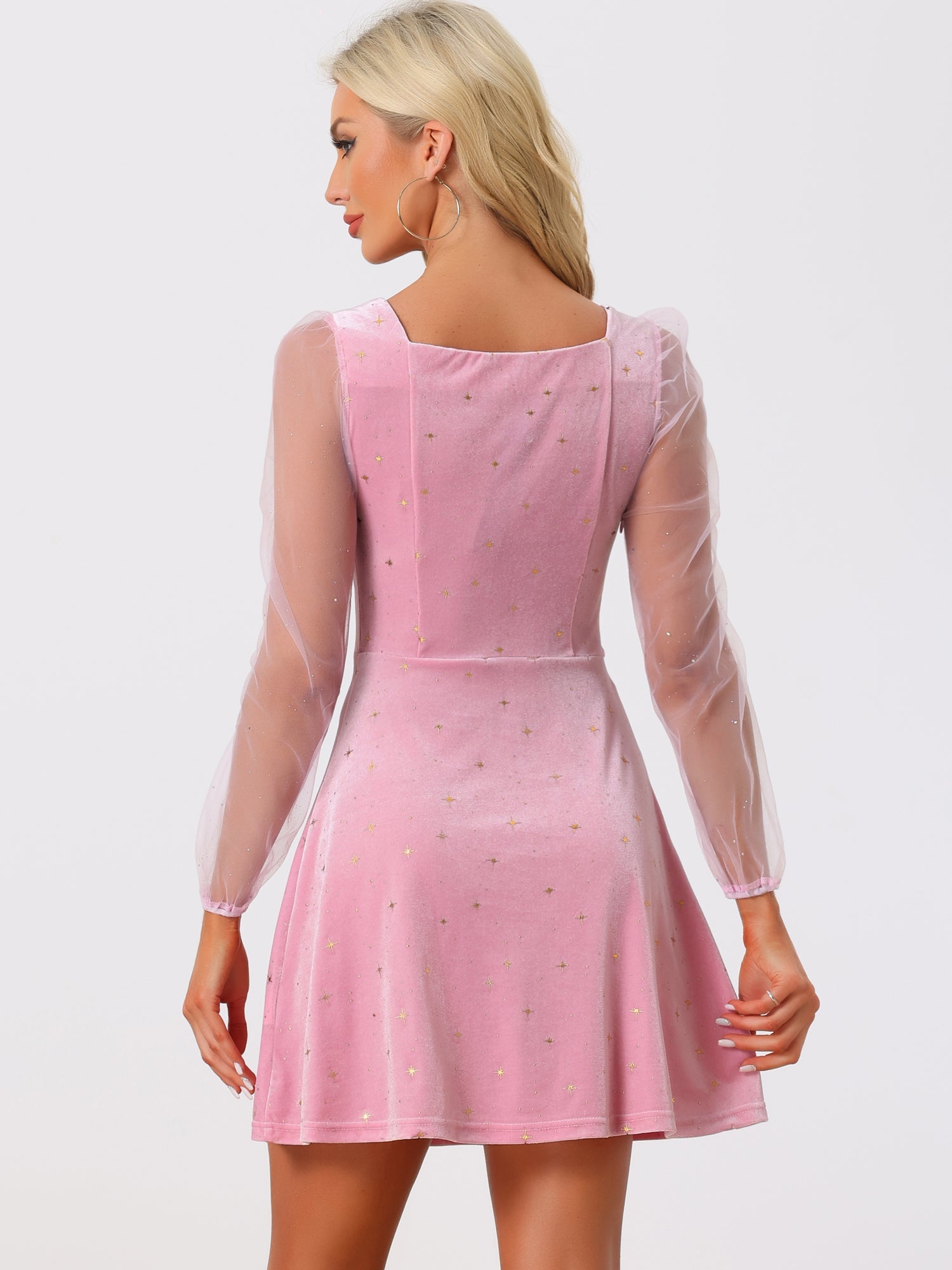 Sheer Puff Sleeve Square Neck Glitter Metallic Star Velvet Mini Dress