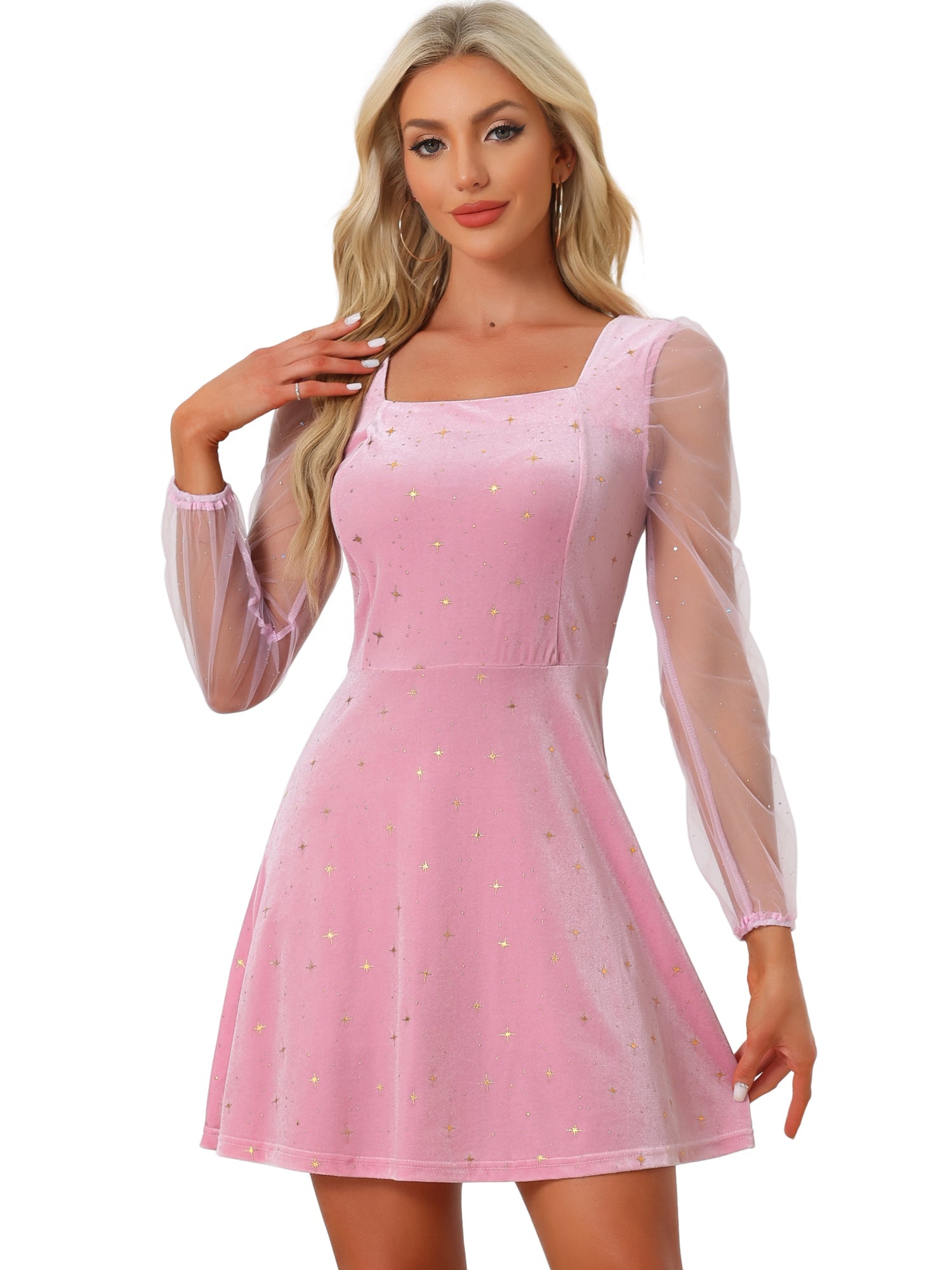 Sheer Puff Sleeve Square Neck Glitter Metallic Star Velvet Mini Dress
