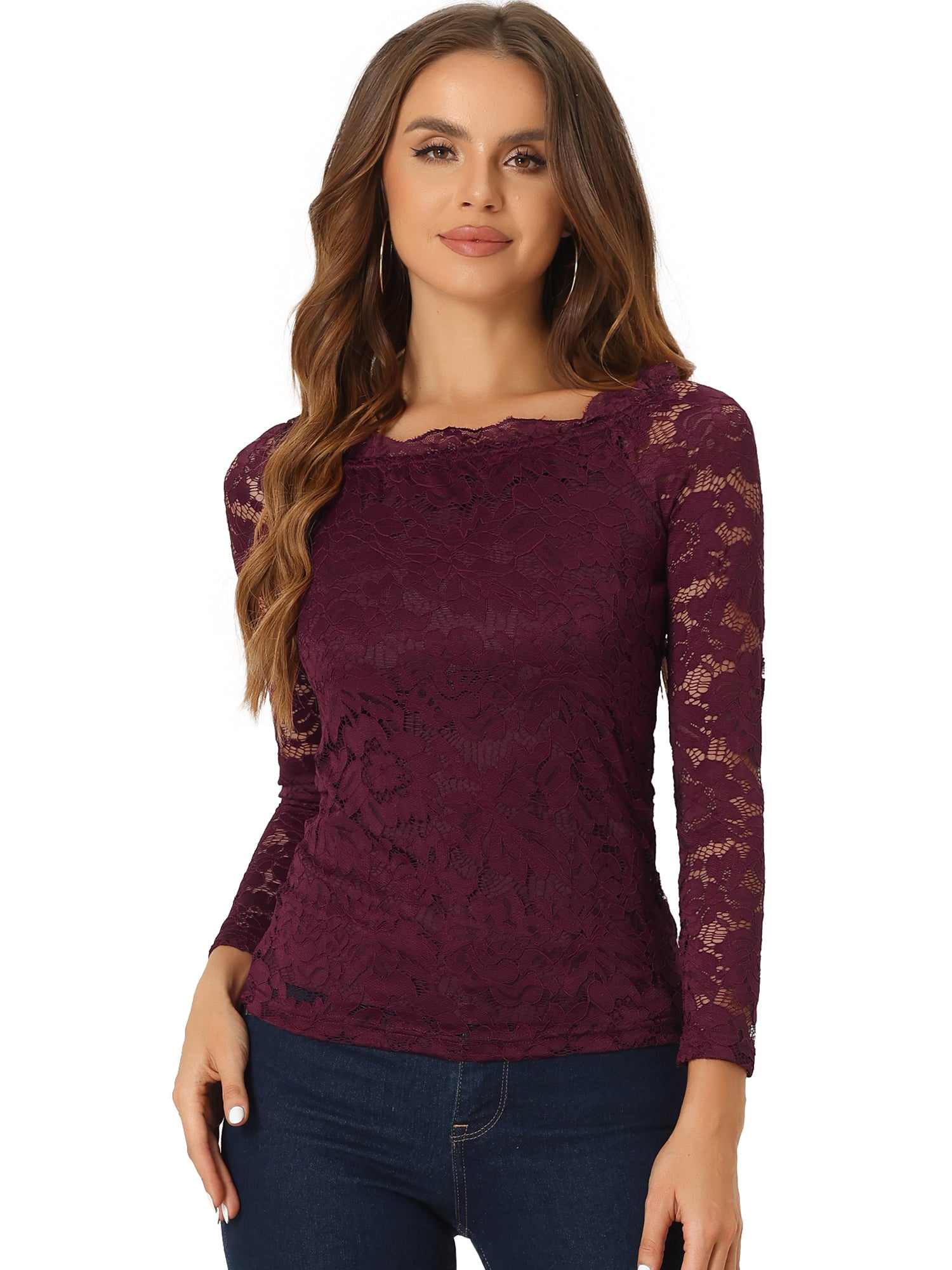 Off Shoulder Floral Lace Top Sheer Long Sleeves Casual Blouse