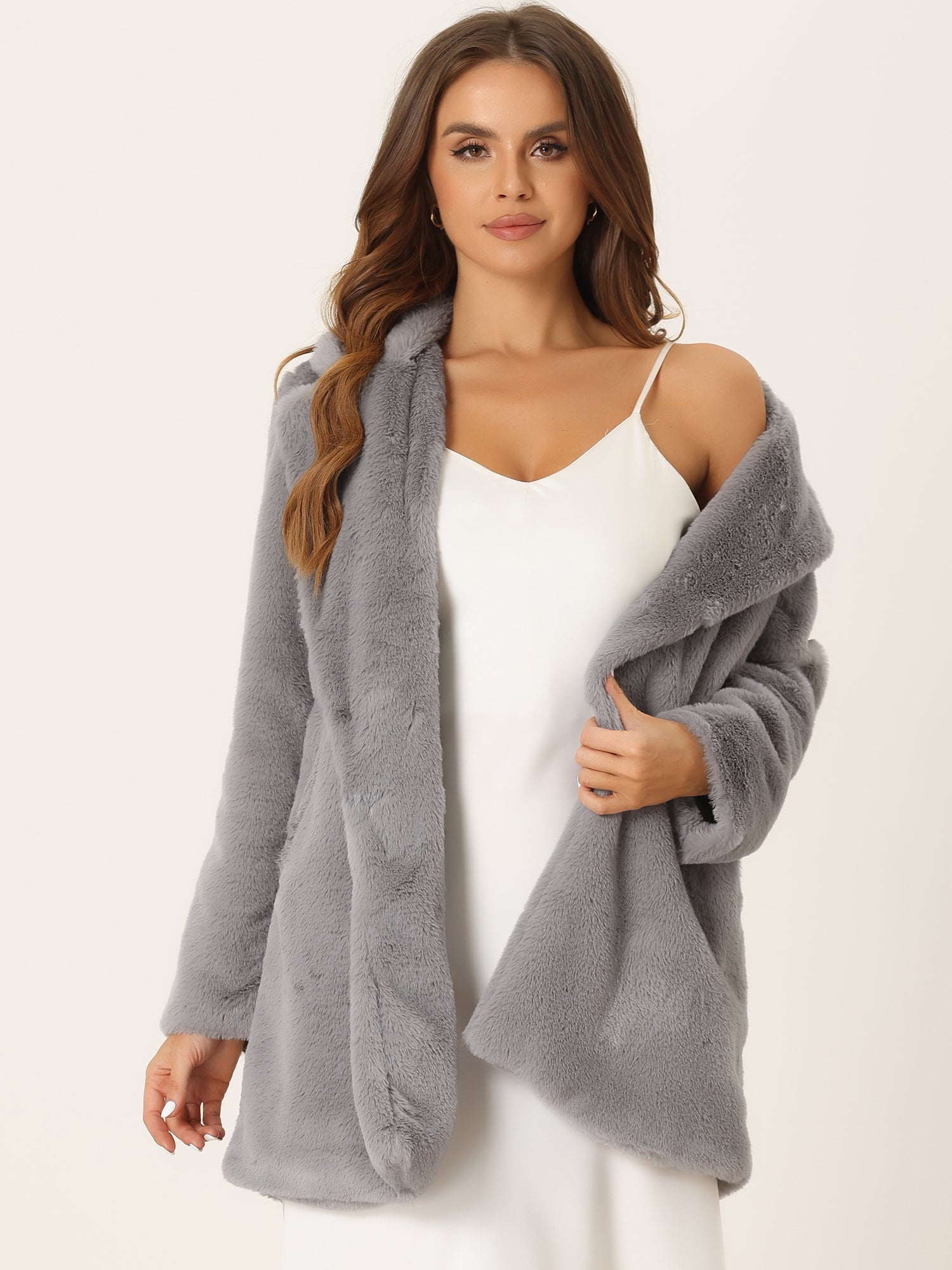 Lapel Collar Faux Fur Fuzzy Winter Warm Pockets Coat