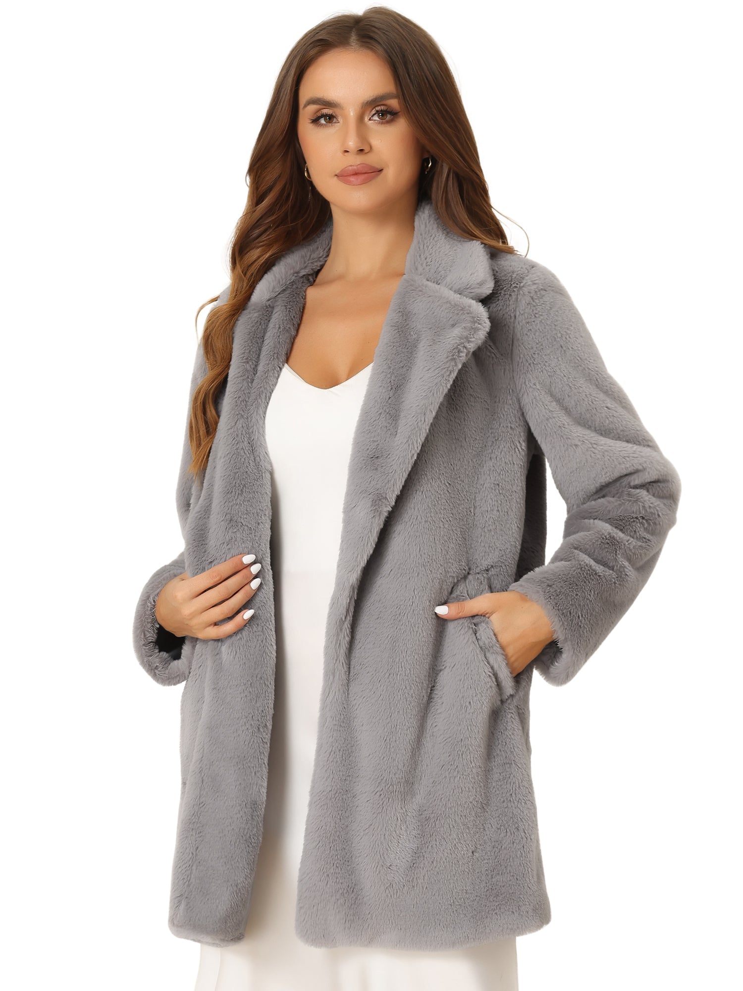 Lapel Collar Faux Fur Fuzzy Winter Warm Pockets Coat