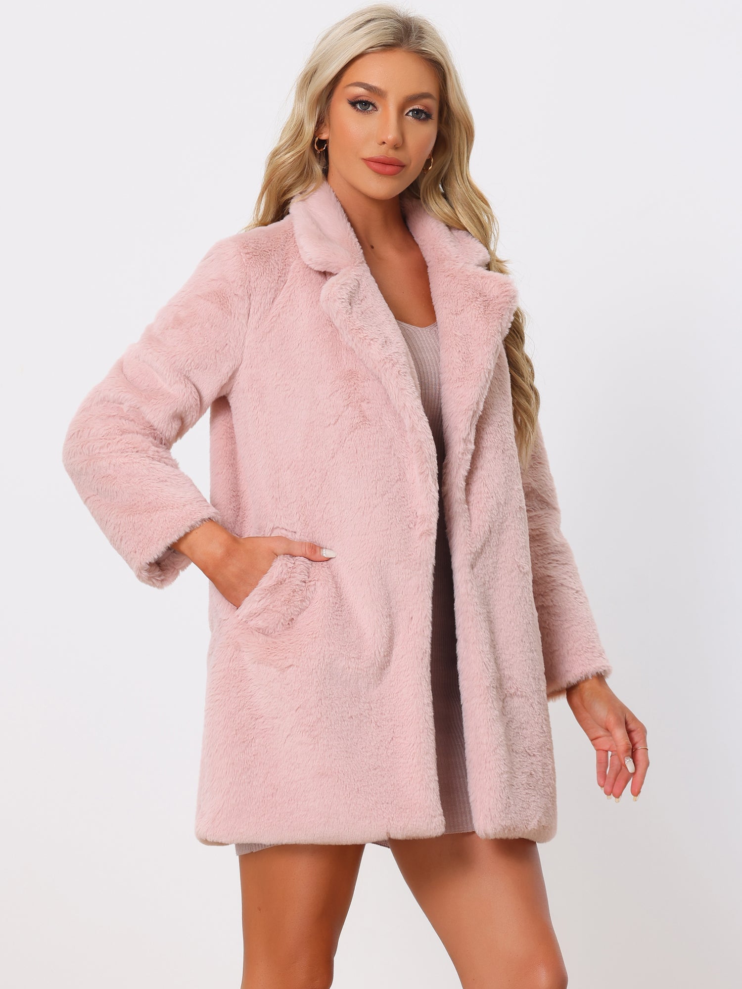 Lapel Collar Faux Fur Fuzzy Winter Warm Pockets Coat