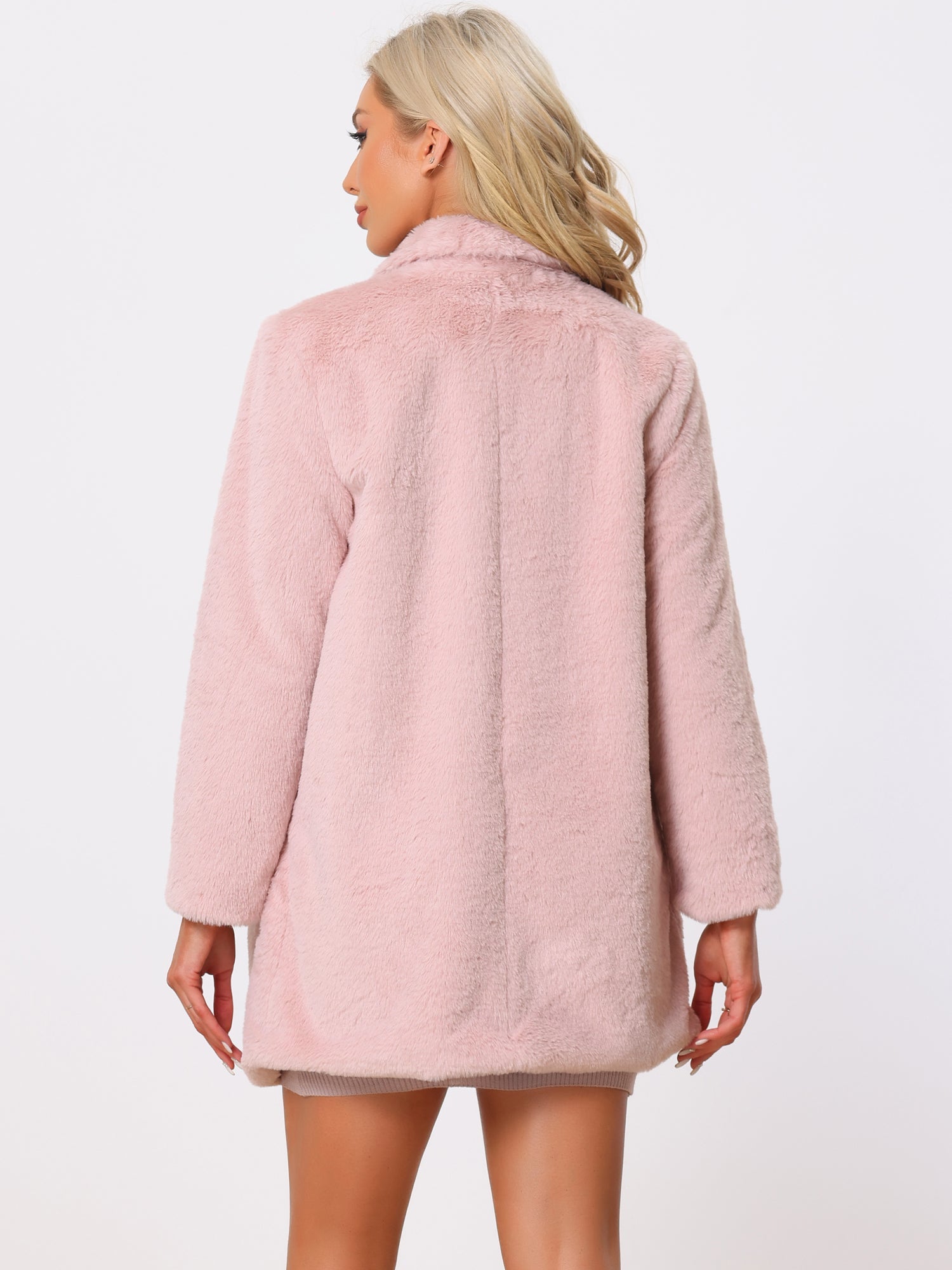 Lapel Collar Faux Fur Fuzzy Winter Warm Pockets Coat