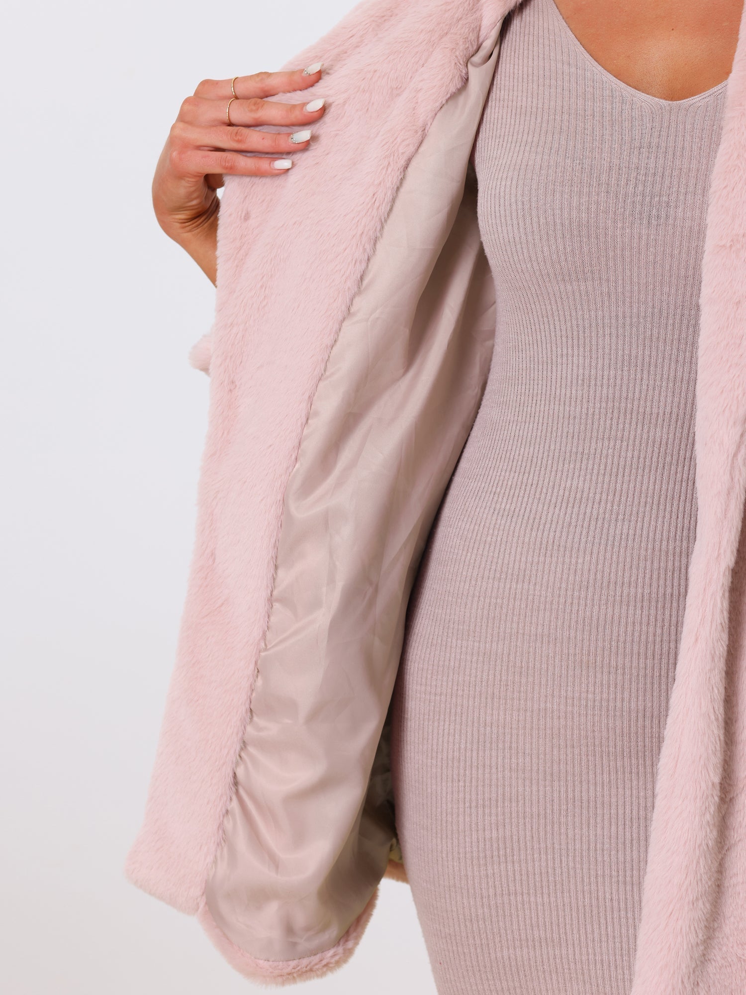 Lapel Collar Faux Fur Fuzzy Winter Warm Pockets Coat
