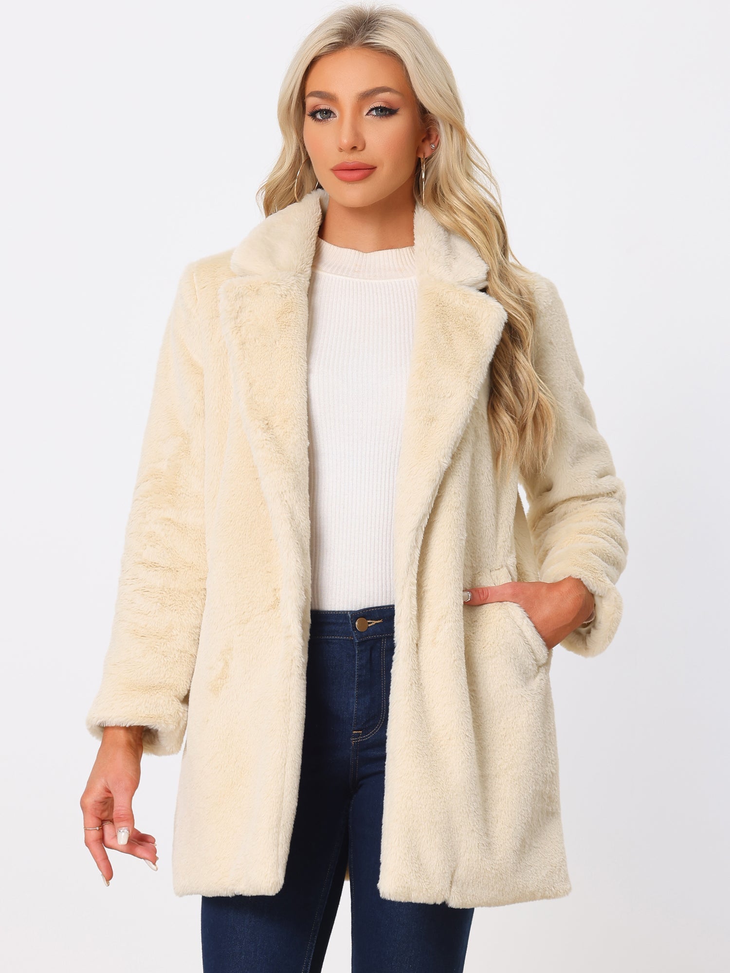 Lapel Collar Faux Fur Fuzzy Winter Warm Pockets Coat