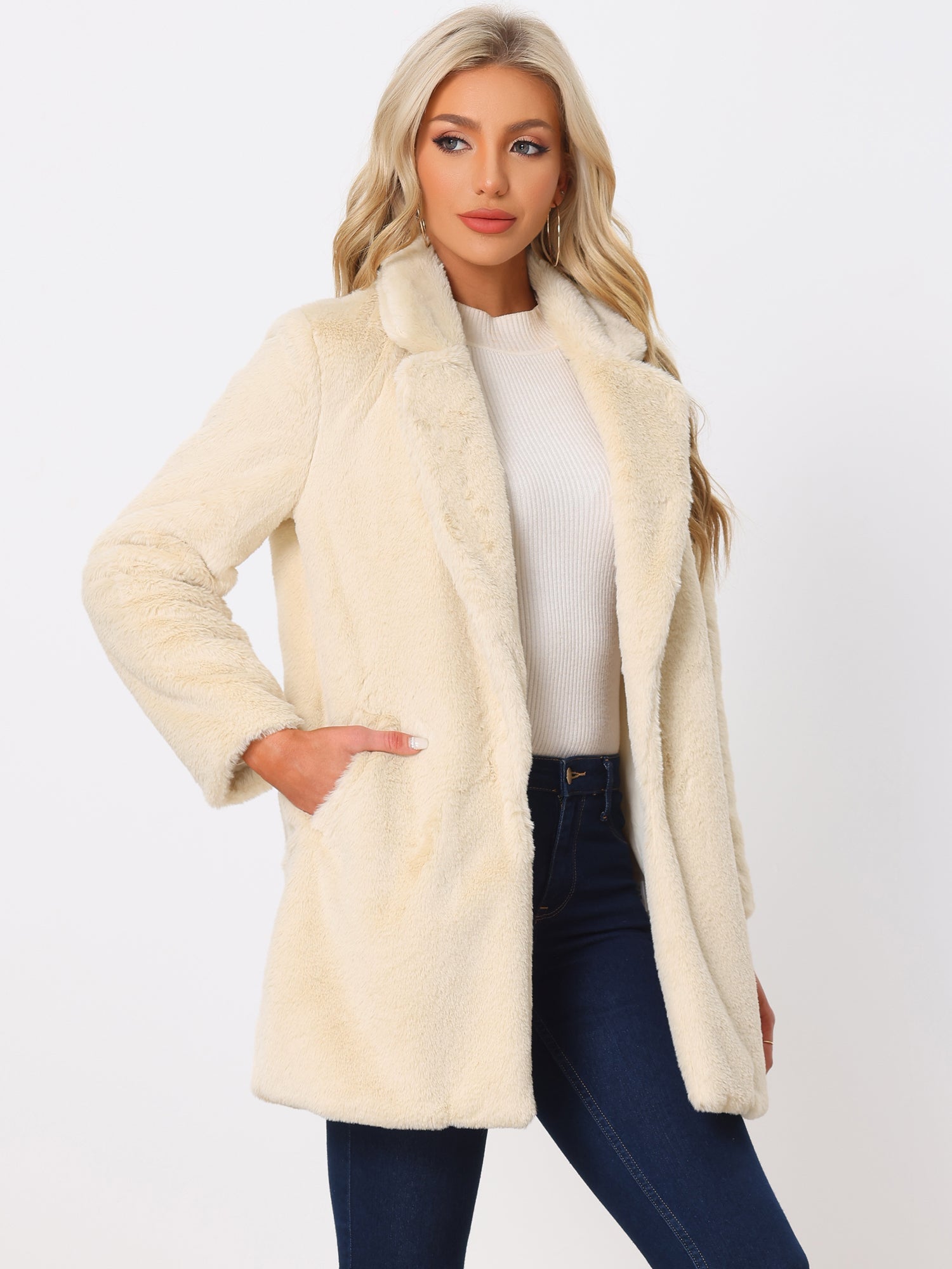 Lapel Collar Faux Fur Fuzzy Winter Warm Pockets Coat