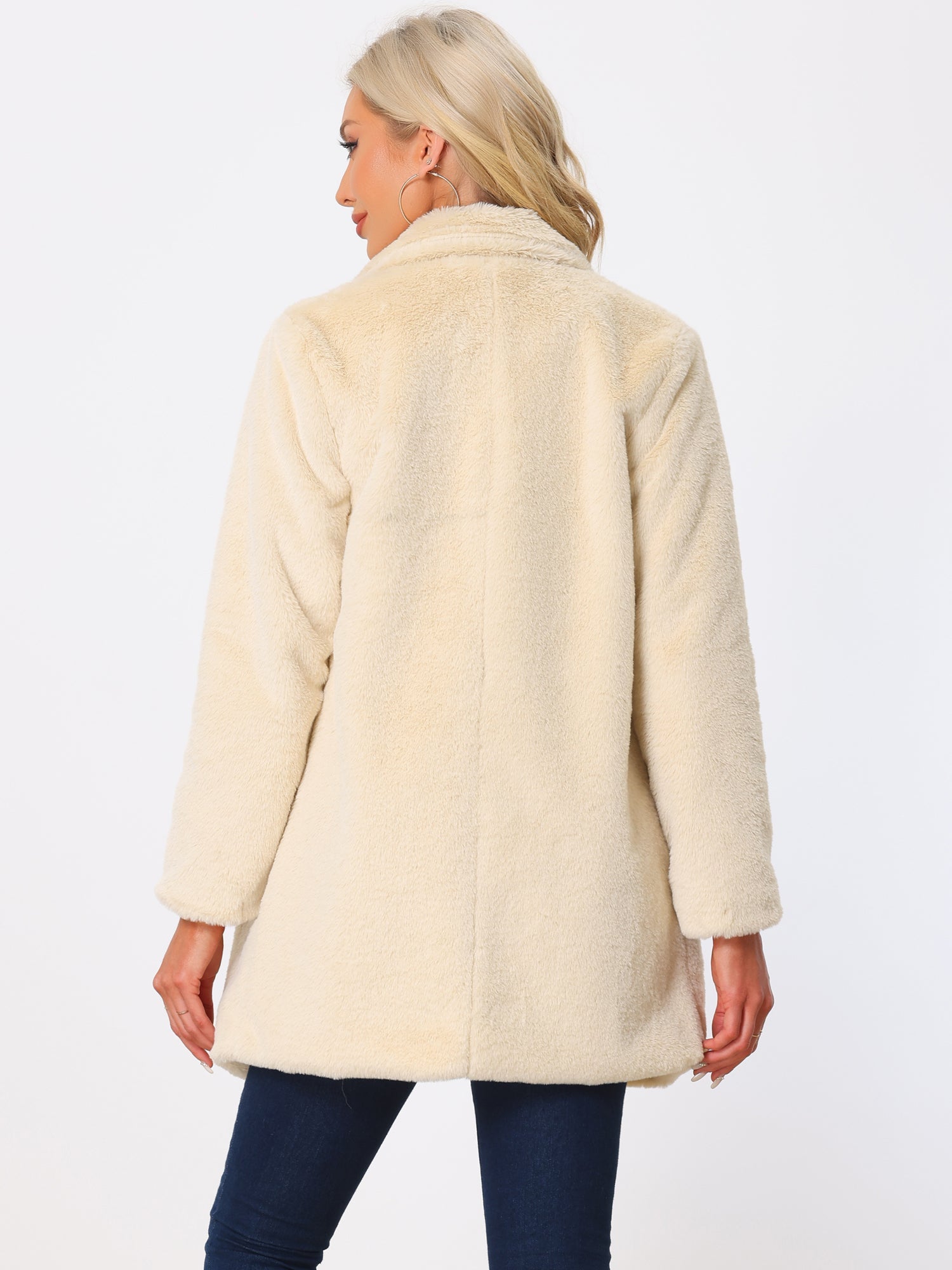 Lapel Collar Faux Fur Fuzzy Winter Warm Pockets Coat