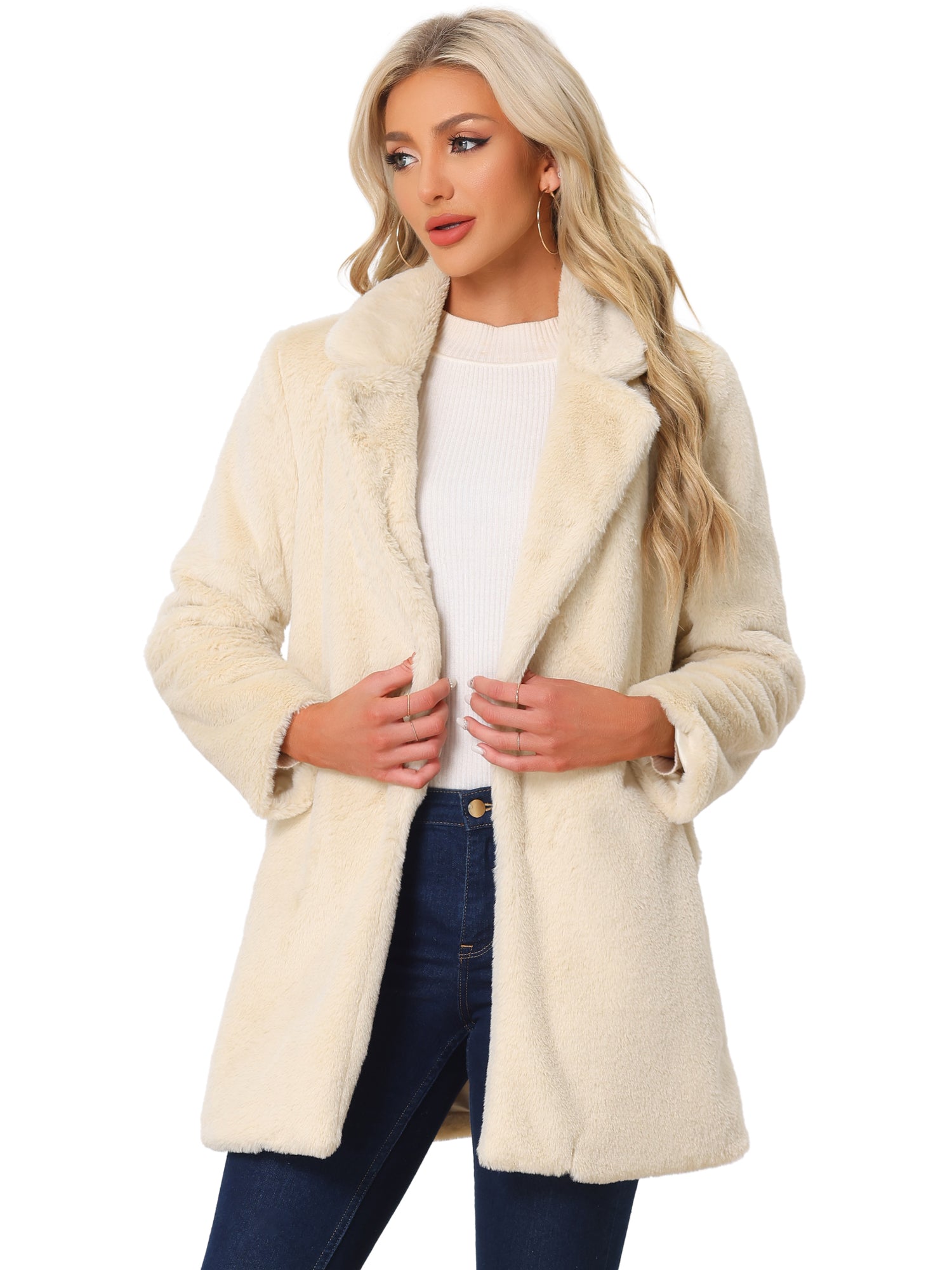 Lapel Collar Faux Fur Fuzzy Winter Warm Pockets Coat