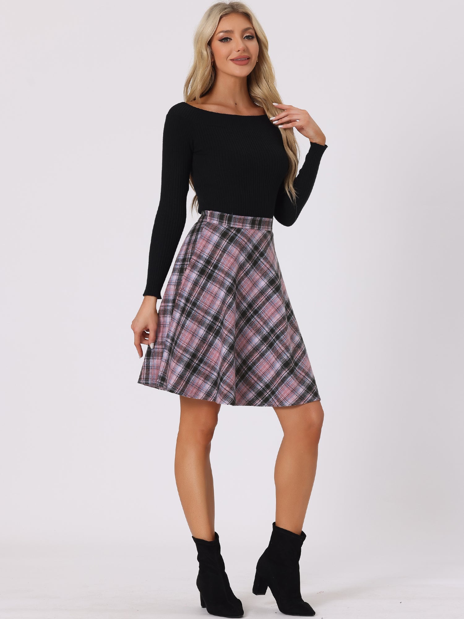 Vintage Plaid Tartan Elastic Waist Knee Length A-Line Skirt