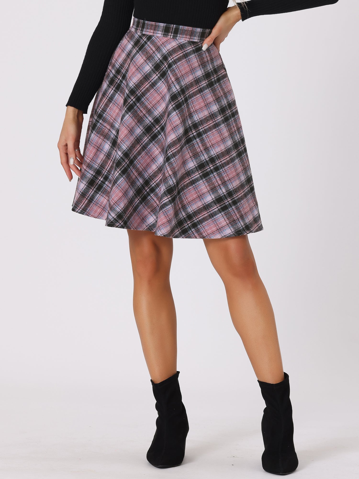 Vintage Plaid Tartan Elastic Waist Knee Length A-Line Skirt