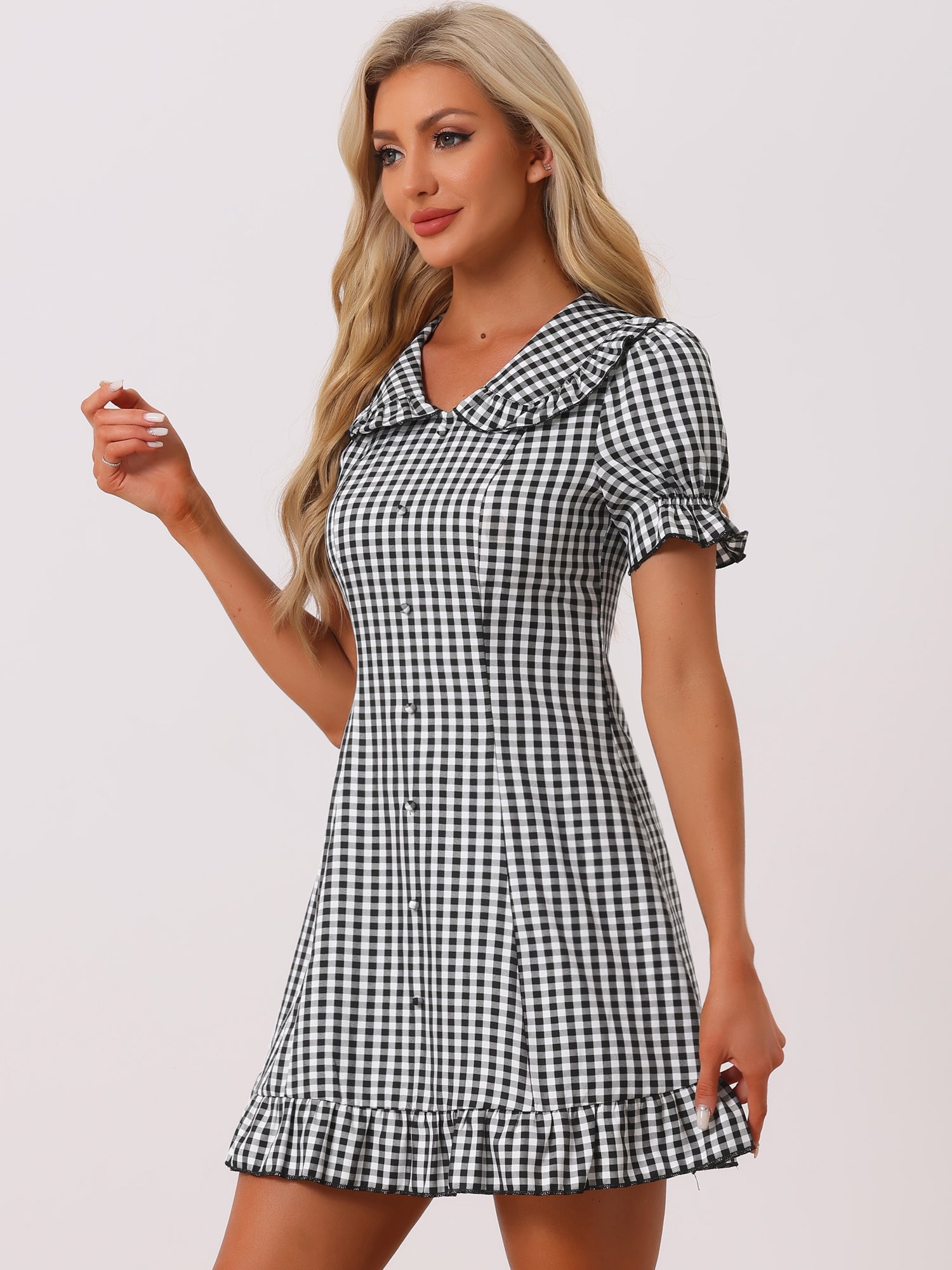 Gingham Checks Ruffled Peter Pan Collar 1960s Vintage Mini Dress