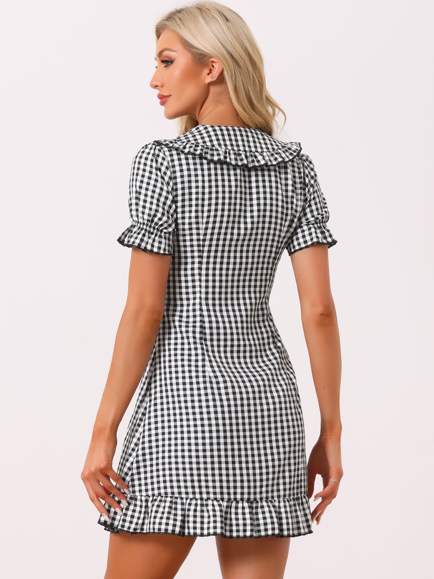 Gingham Checks Ruffled Peter Pan Collar 1960s Vintage Mini Dress