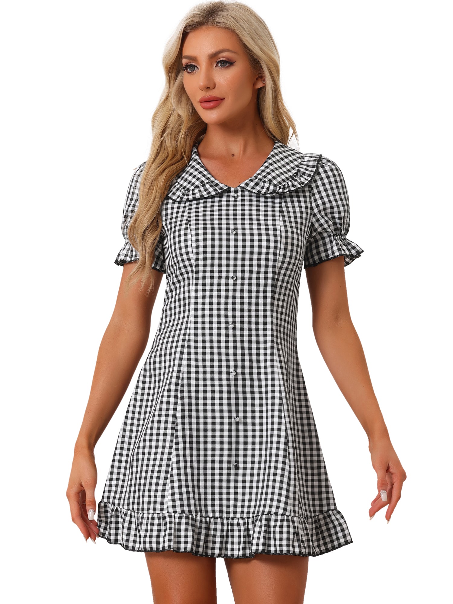 Gingham Checks Ruffled Peter Pan Collar 1960s Vintage Mini Dress