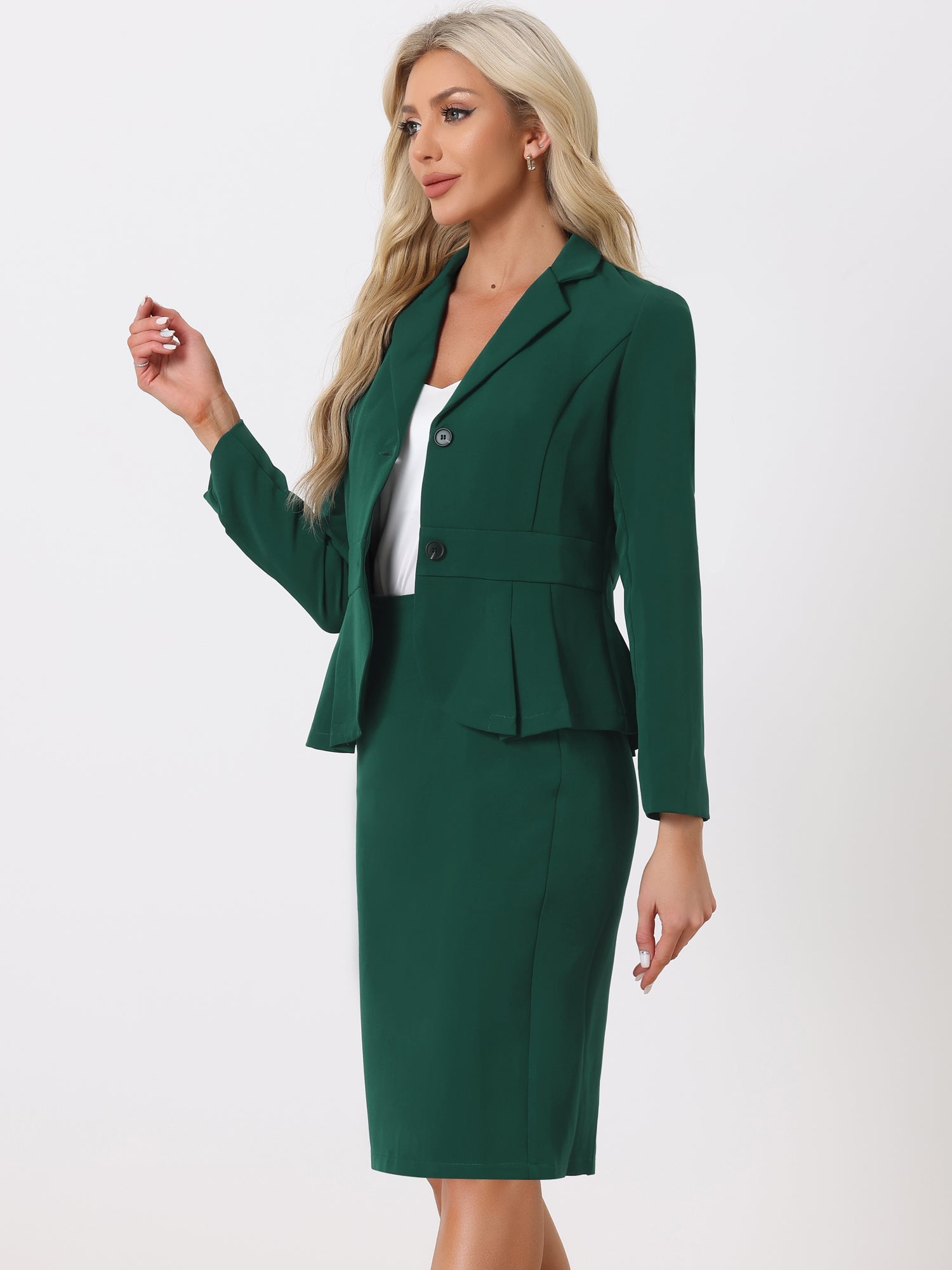 2 Piece Long Sleeve Notched Lapel Peplum Blazer Pencil Skirt Suit Set