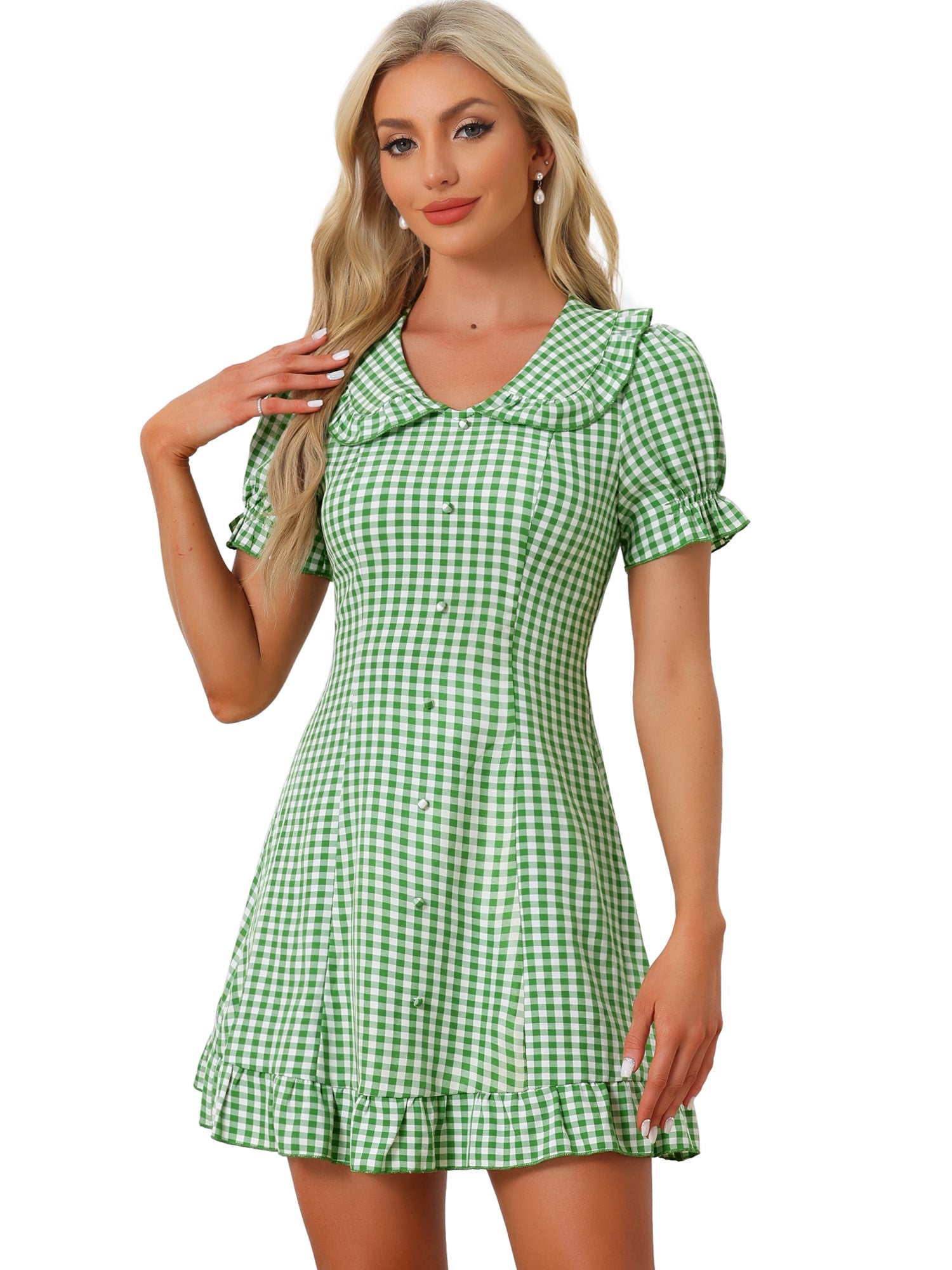Gingham Checks Ruffled Peter Pan Collar 1960s Vintage Mini Dress