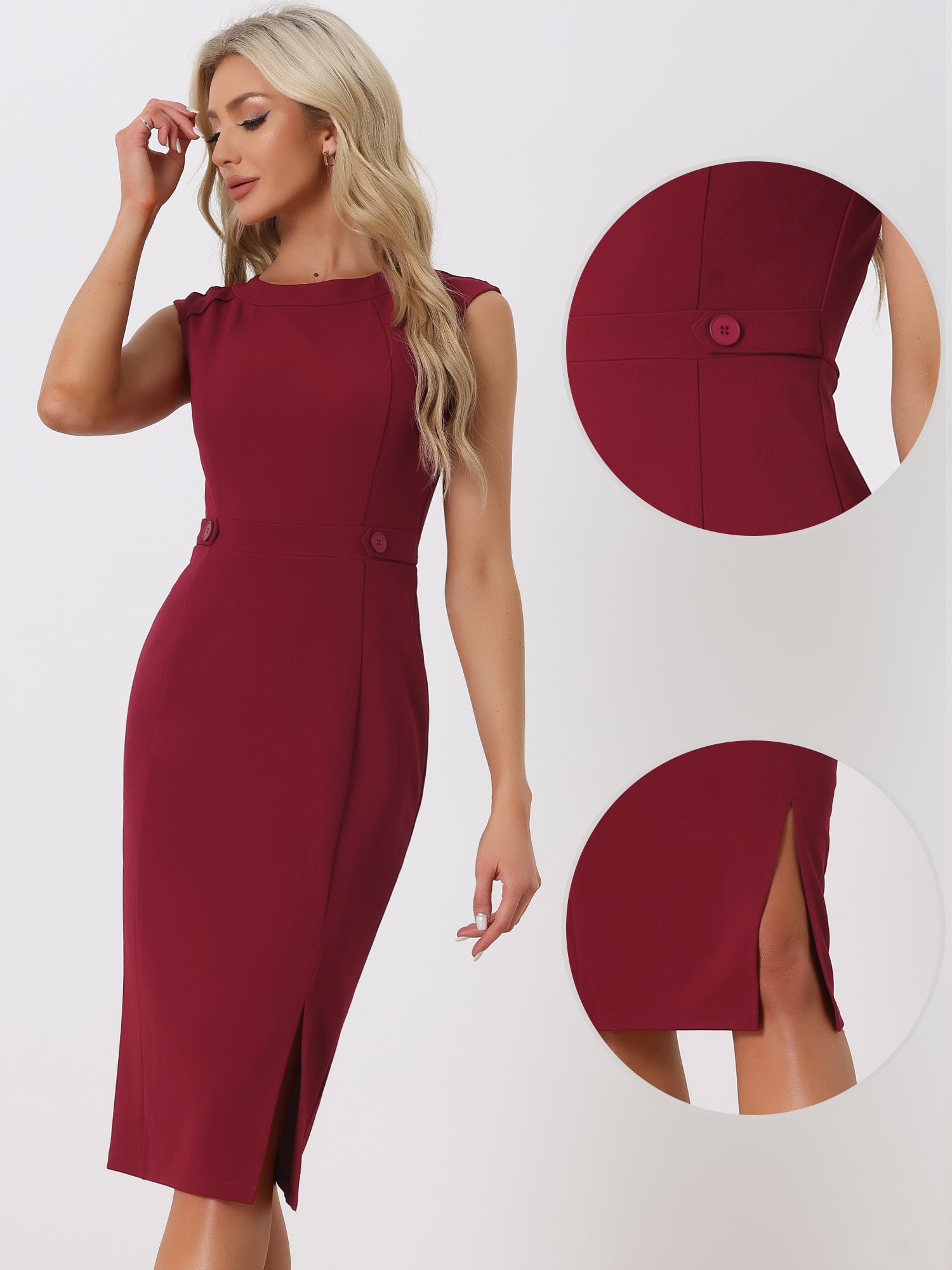 Round Neck Slim Fit Sleeveless Split Work Pencil Sheath Dress