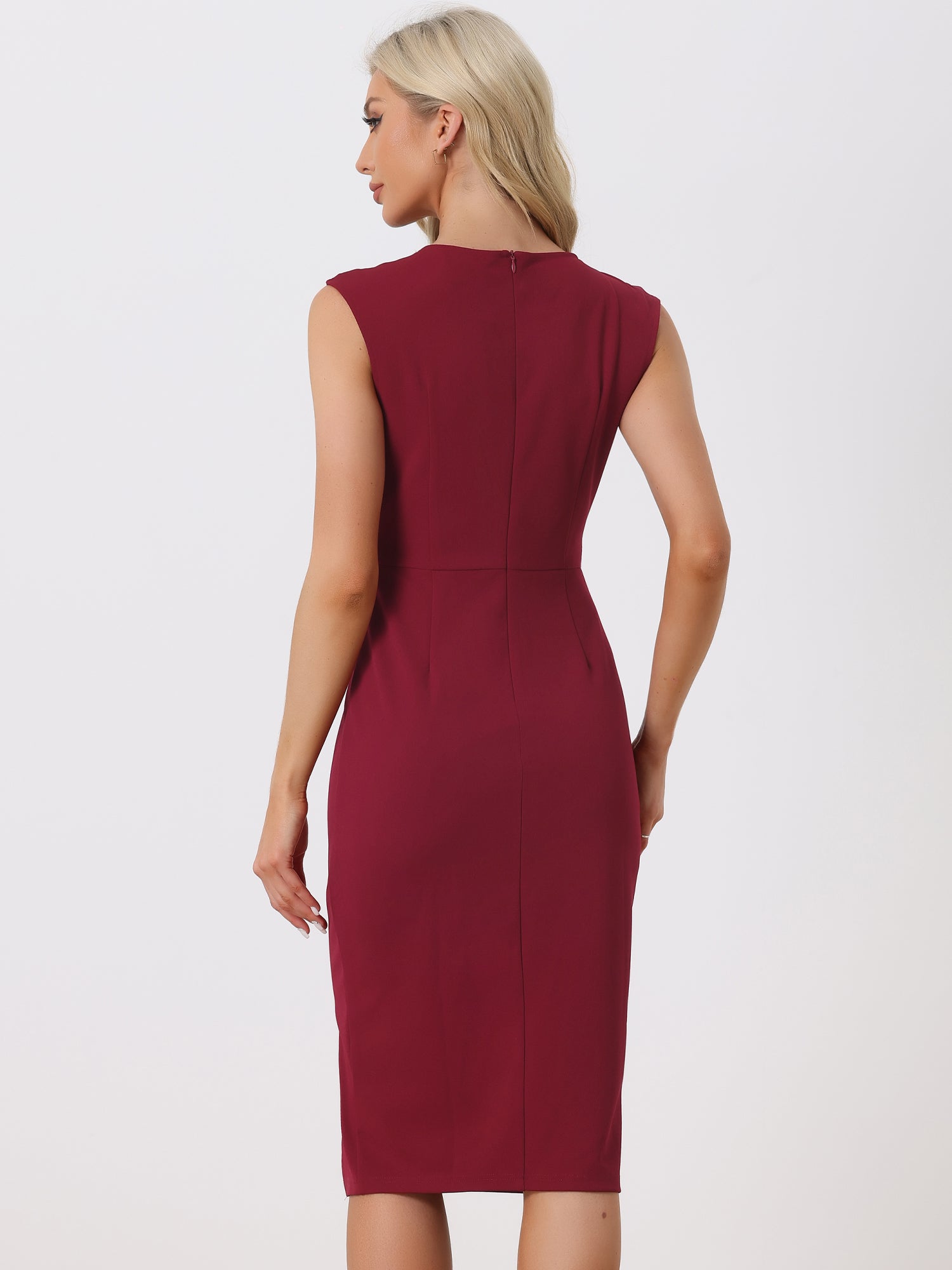 Round Neck Slim Fit Sleeveless Split Work Pencil Sheath Dress