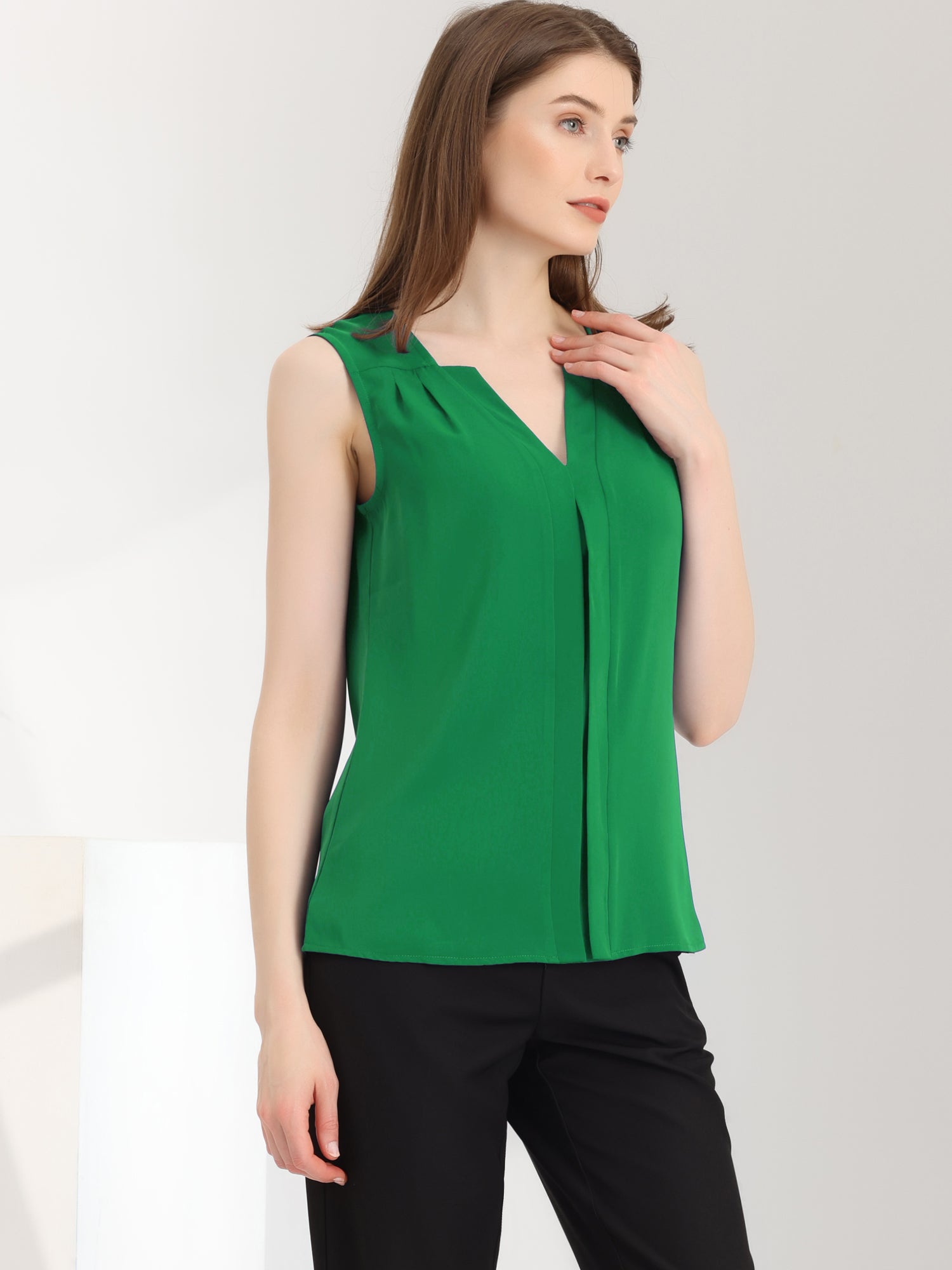Sleeveless Work Top Pleated Chiffon V Neck Blouse