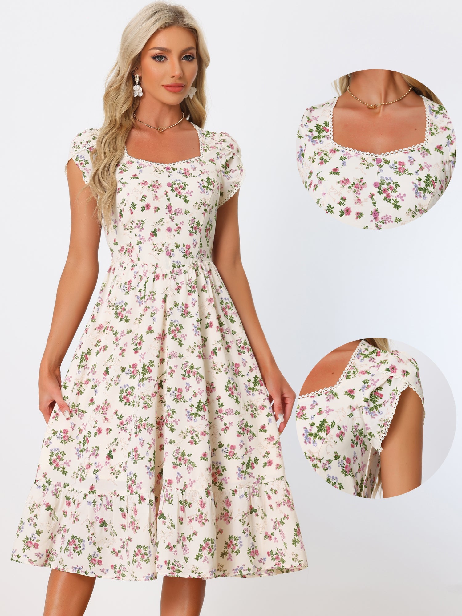 Summer Petal Sleeve Boho Floral Print Midi Dress