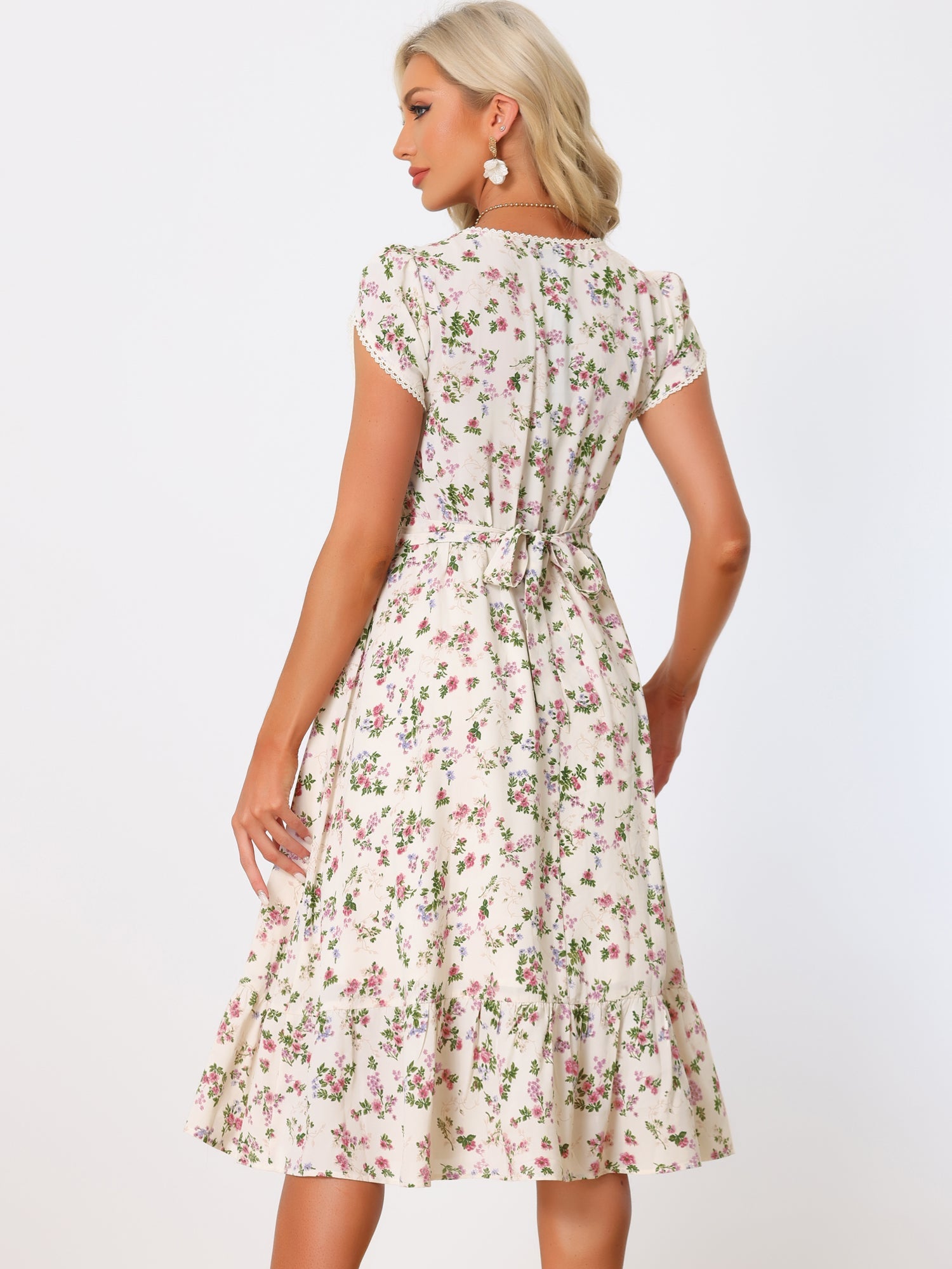 Summer Petal Sleeve Boho Floral Print Midi Dress