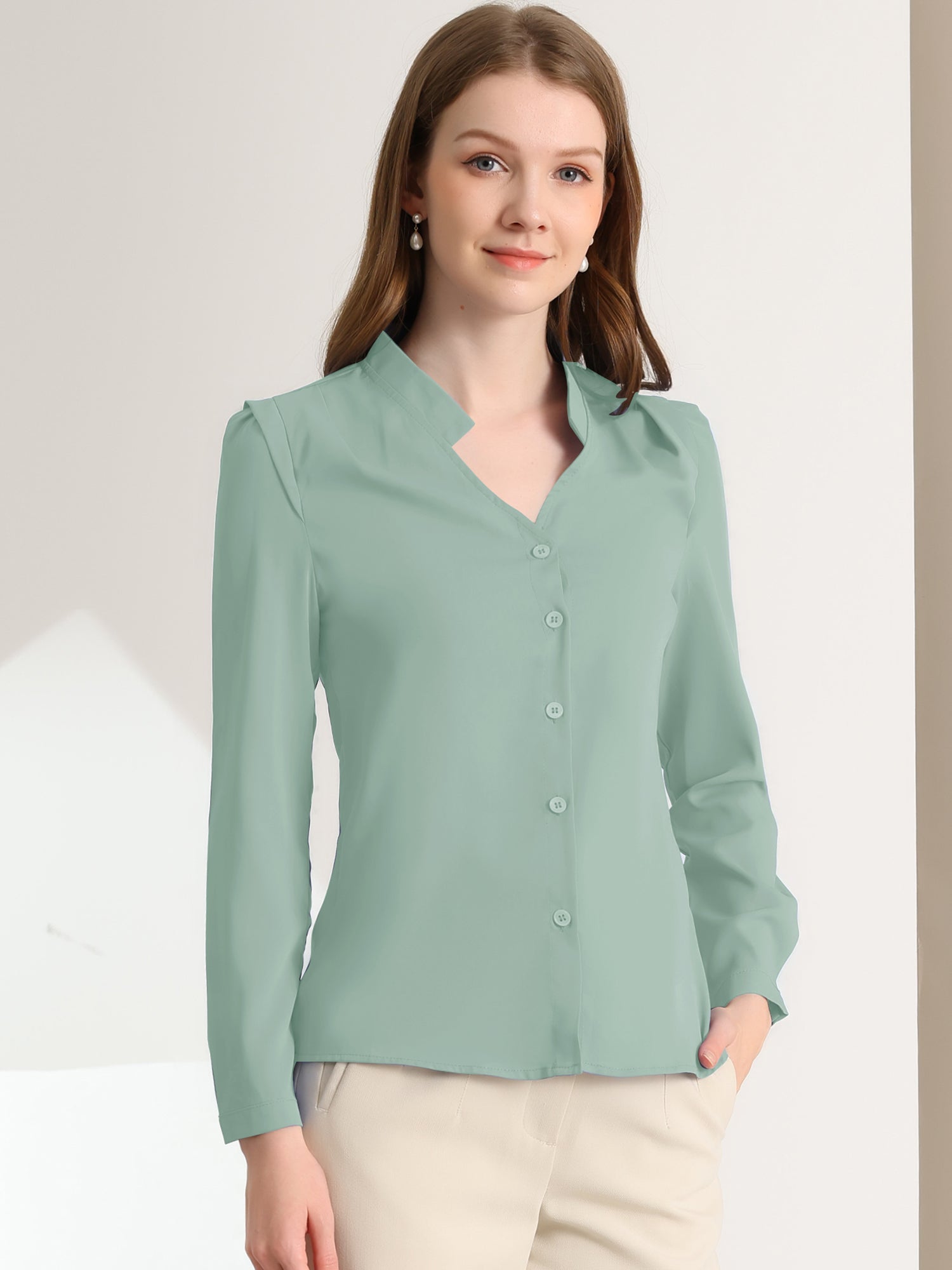 Work Office Blouse Button Up Long Sleeve V Neck Chiffon Shirt