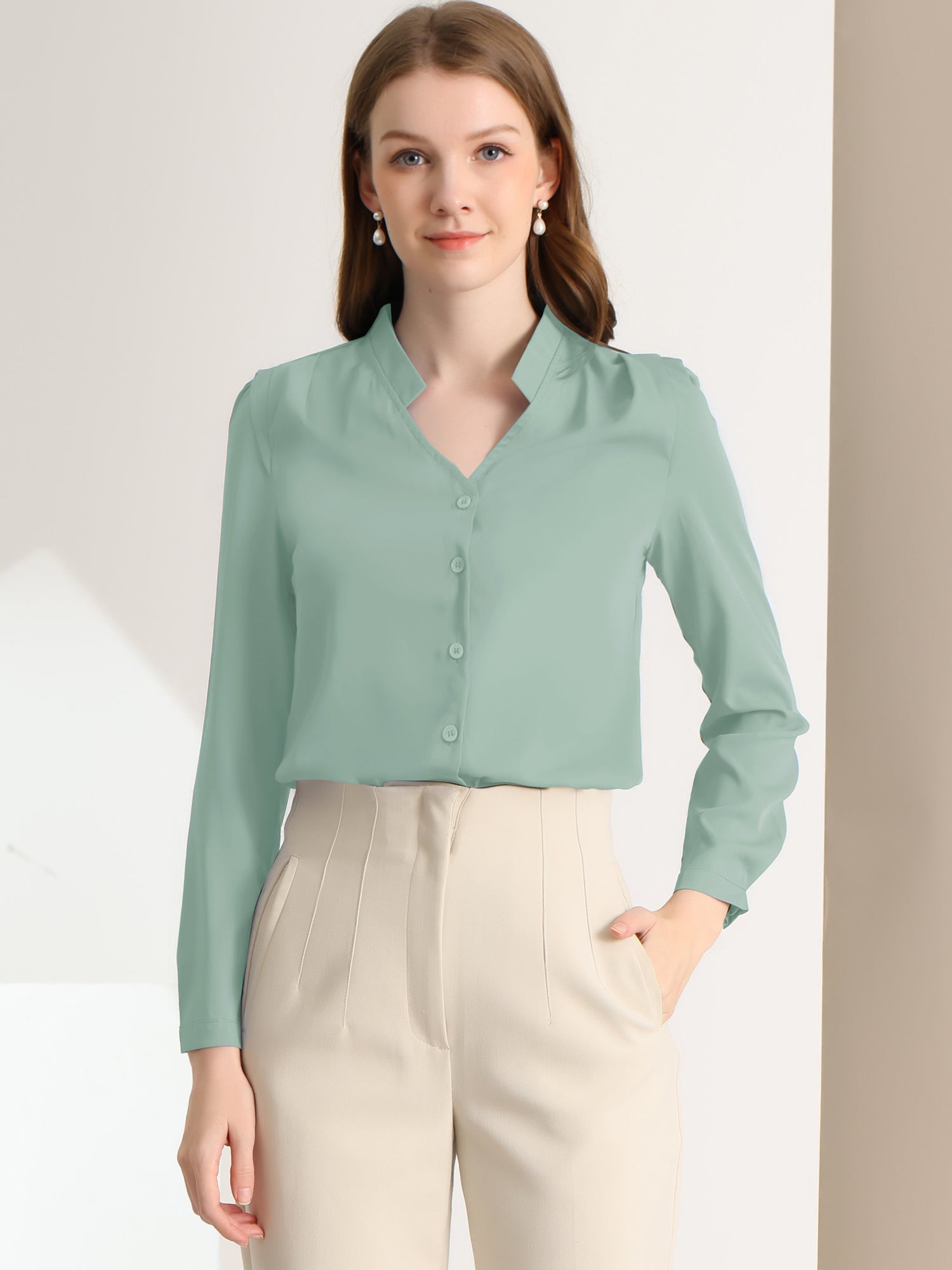 Work Office Blouse Button Up Long Sleeve V Neck Chiffon Shirt