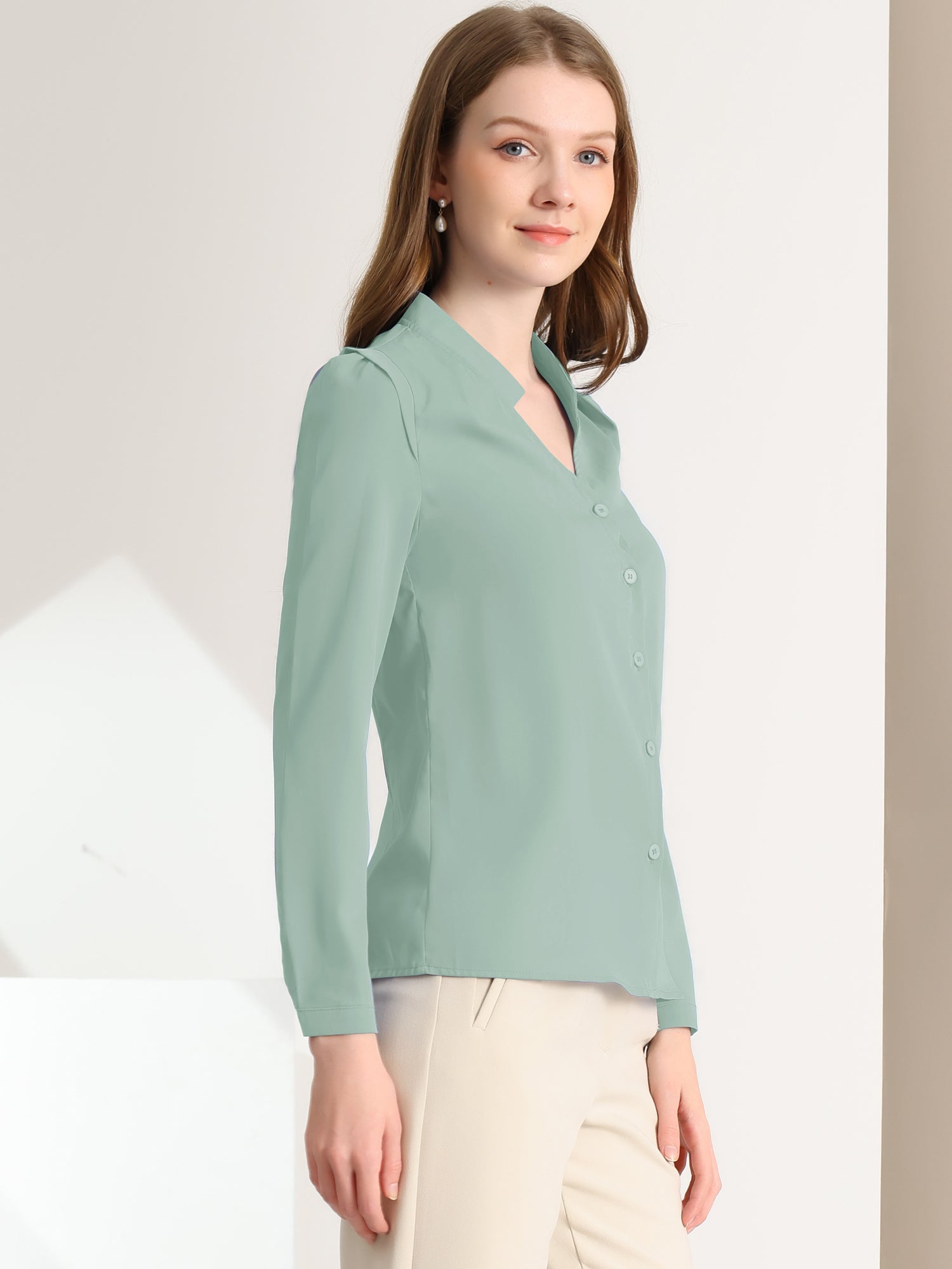 Work Office Blouse Button Up Long Sleeve V Neck Chiffon Shirt