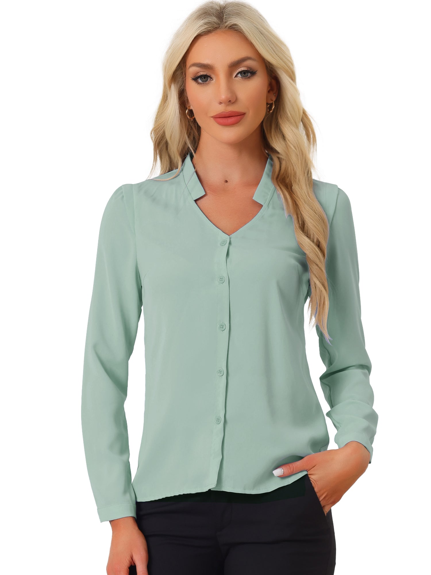 Work Office Blouse Button Up Long Sleeve V Neck Chiffon Shirt