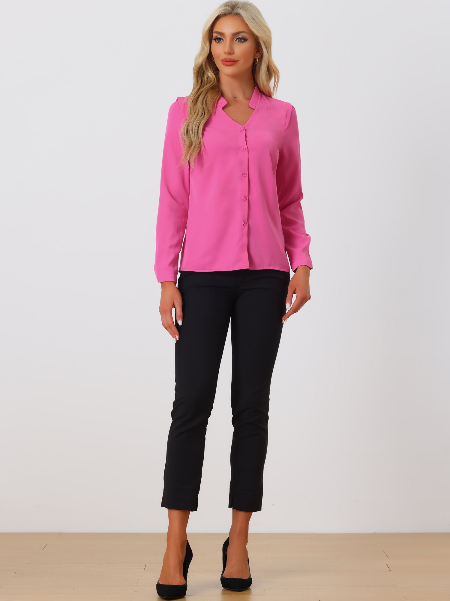 Work Office Blouse Button Up Long Sleeve V Neck Chiffon Shirt