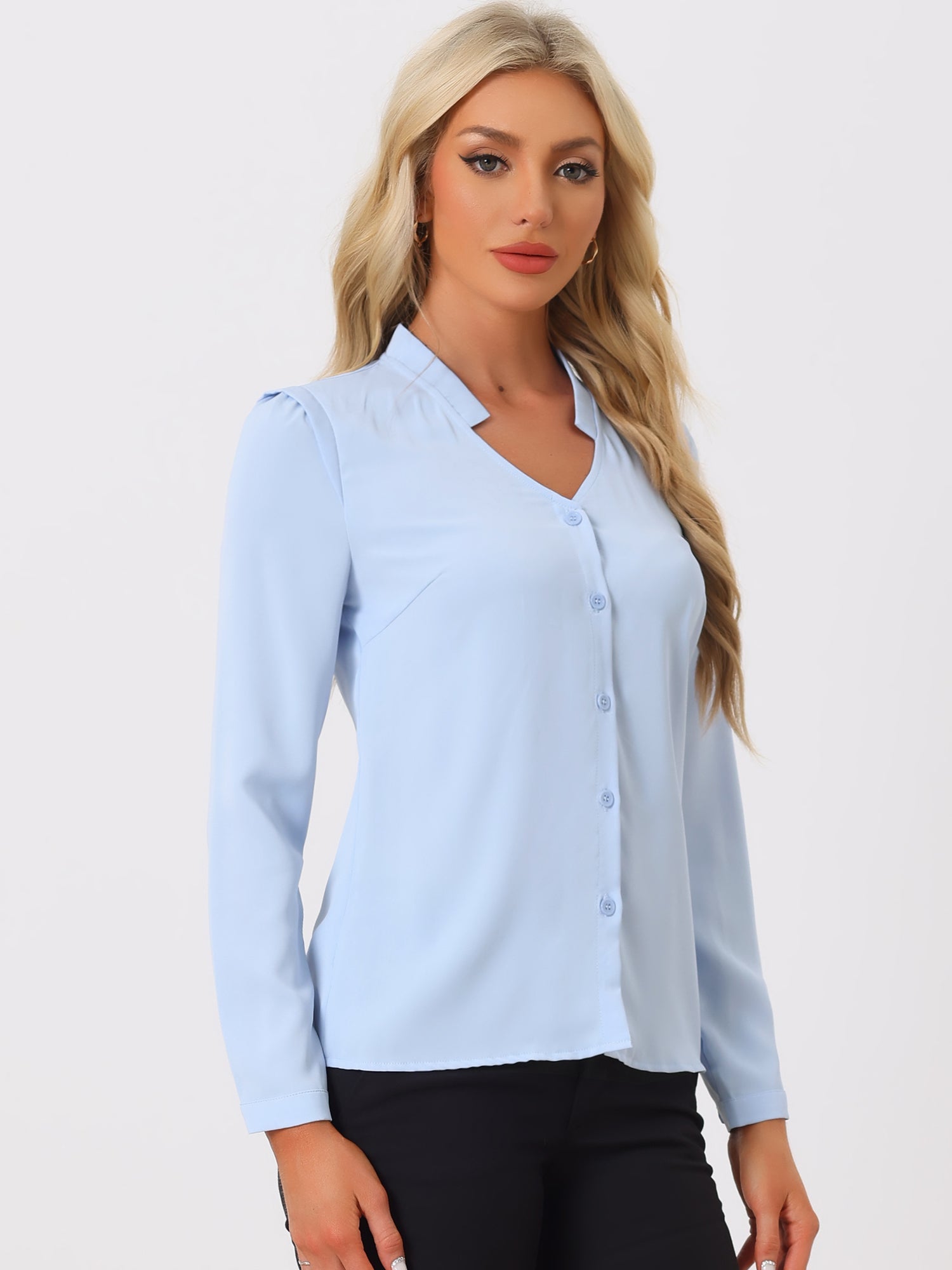 Work Office Blouse Button Up Long Sleeve V Neck Chiffon Shirt