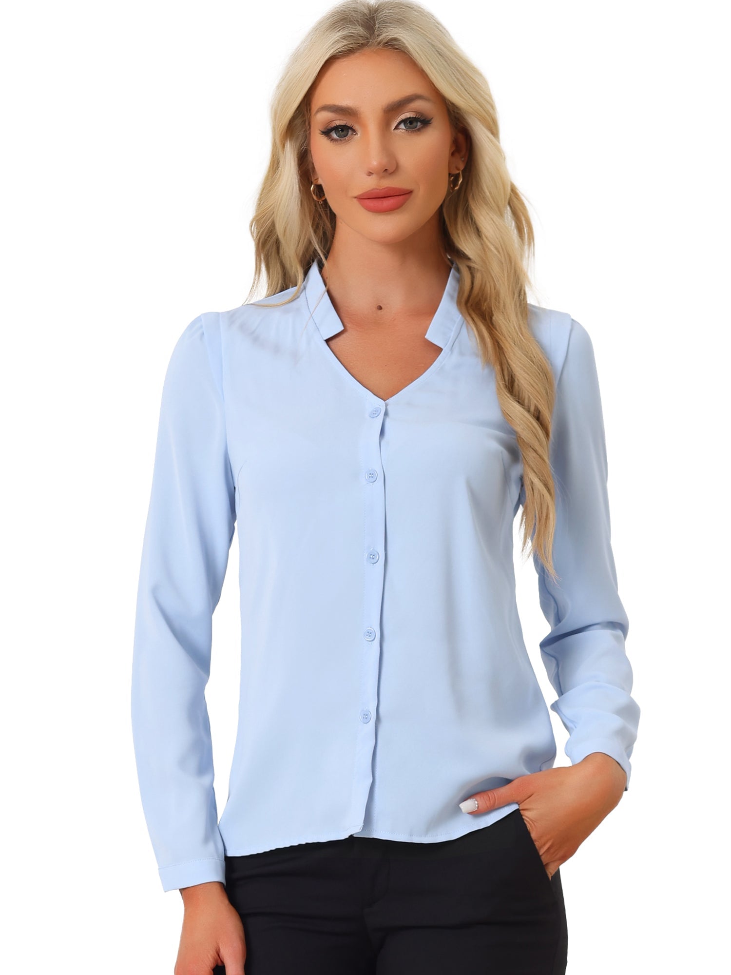 Work Office Blouse Button Up Long Sleeve V Neck Chiffon Shirt