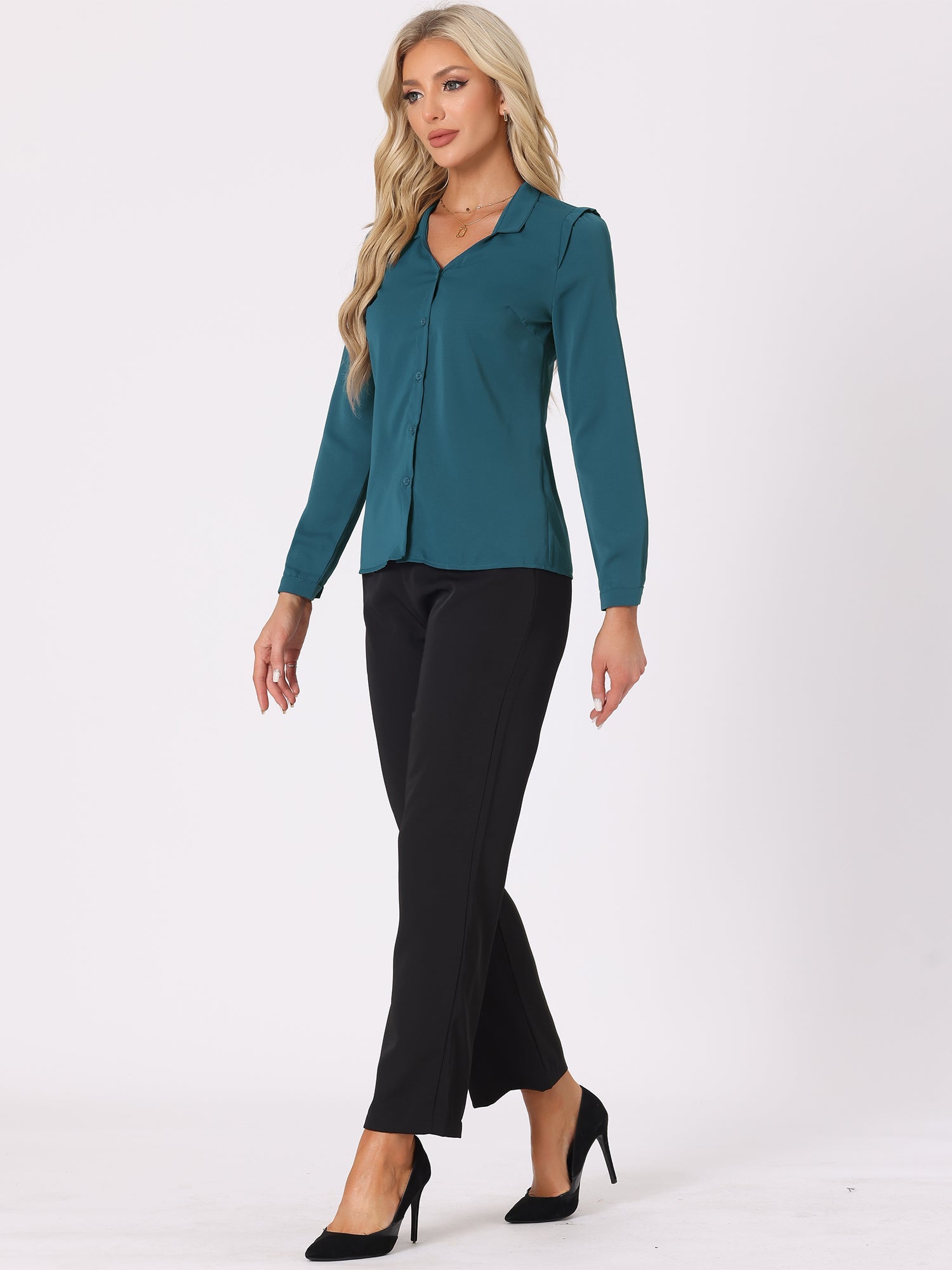 Work Office Blouse Button Up Long Sleeve V Neck Chiffon Shirt