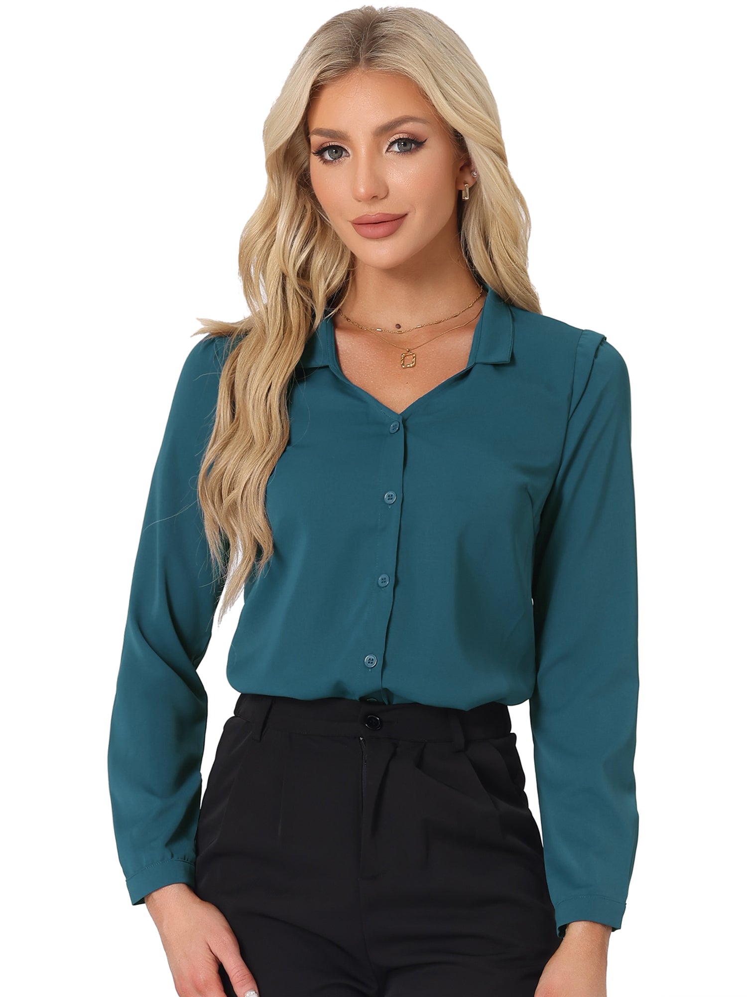 Work Office Blouse Button Up Long Sleeve V Neck Chiffon Shirt