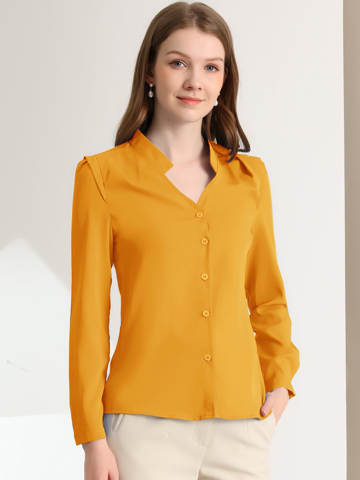Work Office Blouse Button Up Long Sleeve V Neck Chiffon Shirt