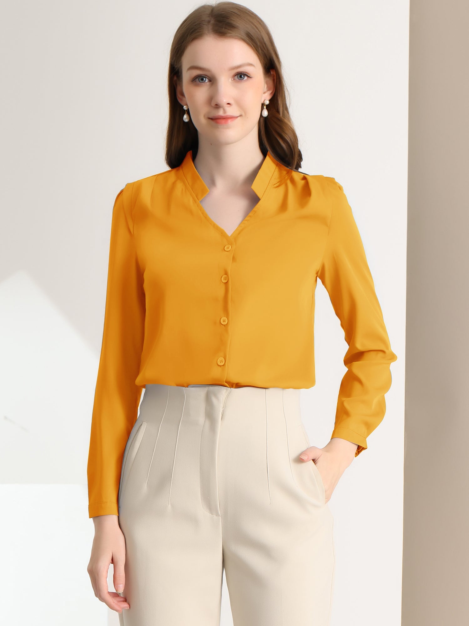 Work Office Blouse Button Up Long Sleeve V Neck Chiffon Shirt