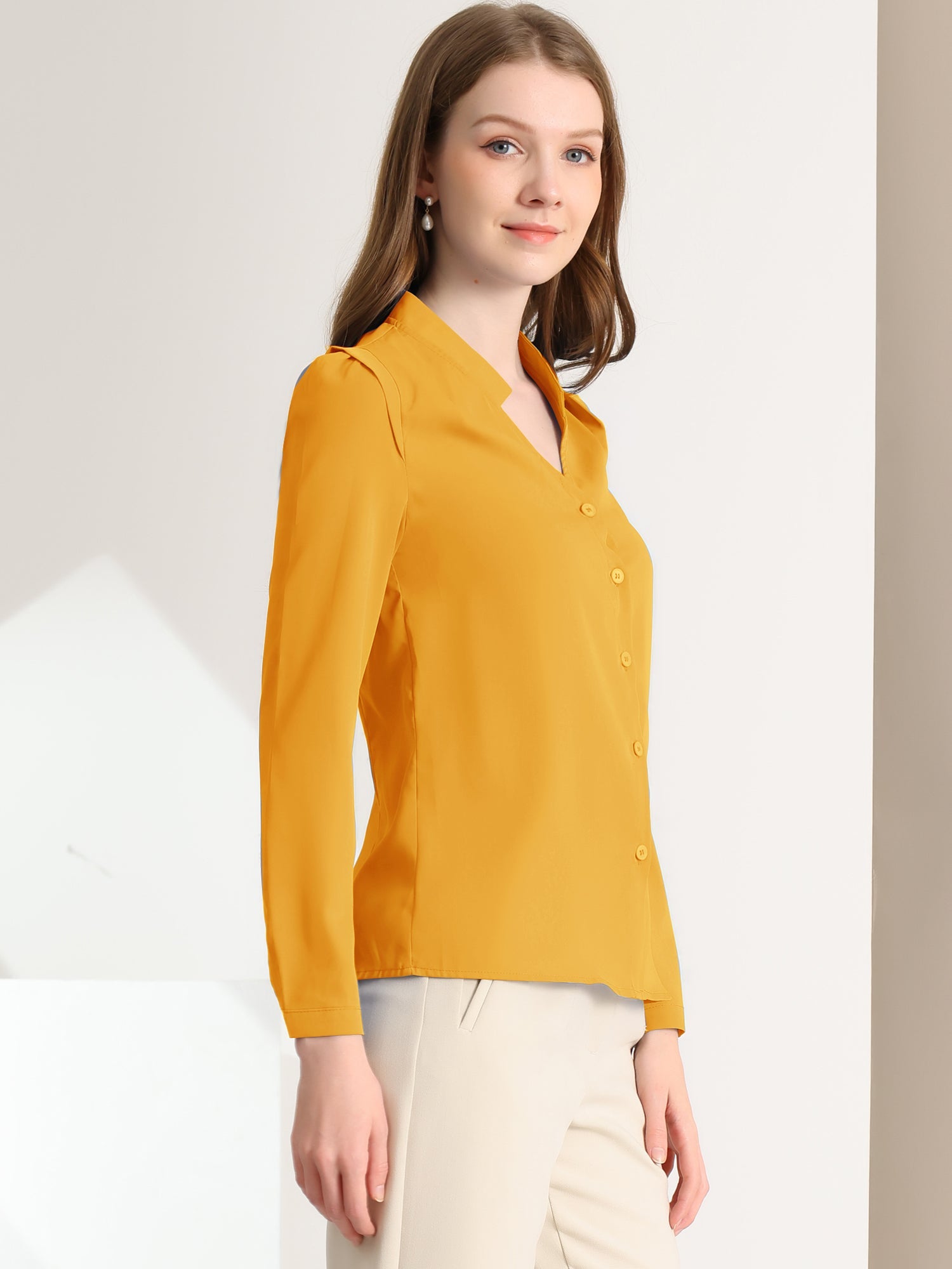 Work Office Blouse Button Up Long Sleeve V Neck Chiffon Shirt