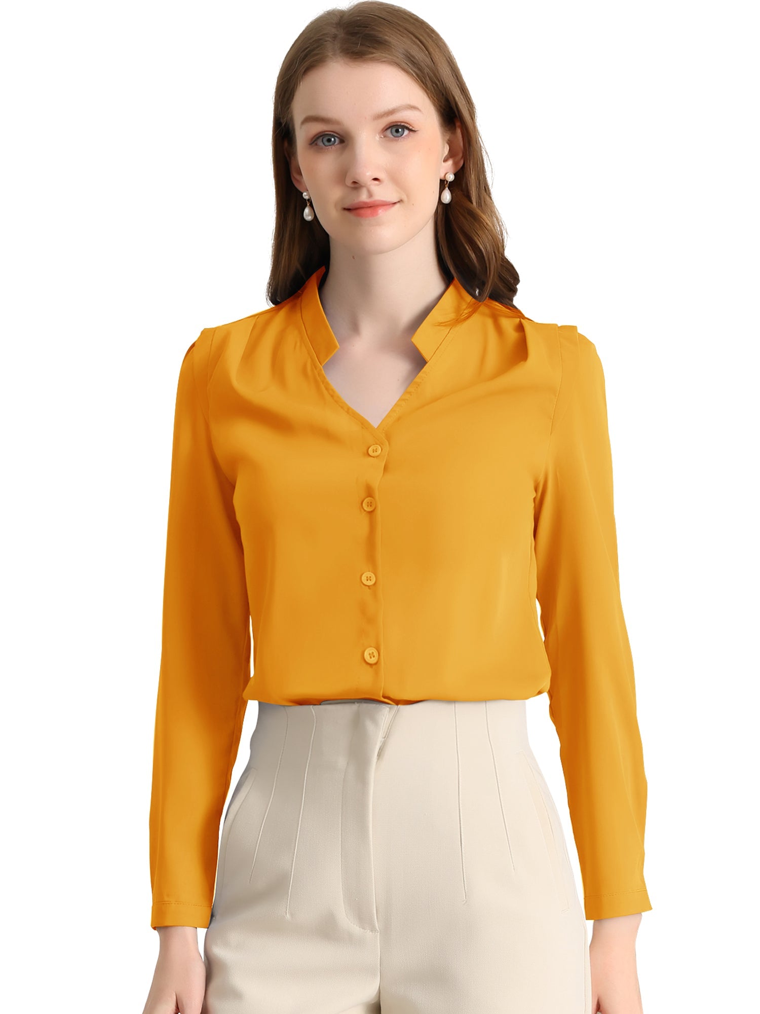 Work Office Blouse Button Up Long Sleeve V Neck Chiffon Shirt