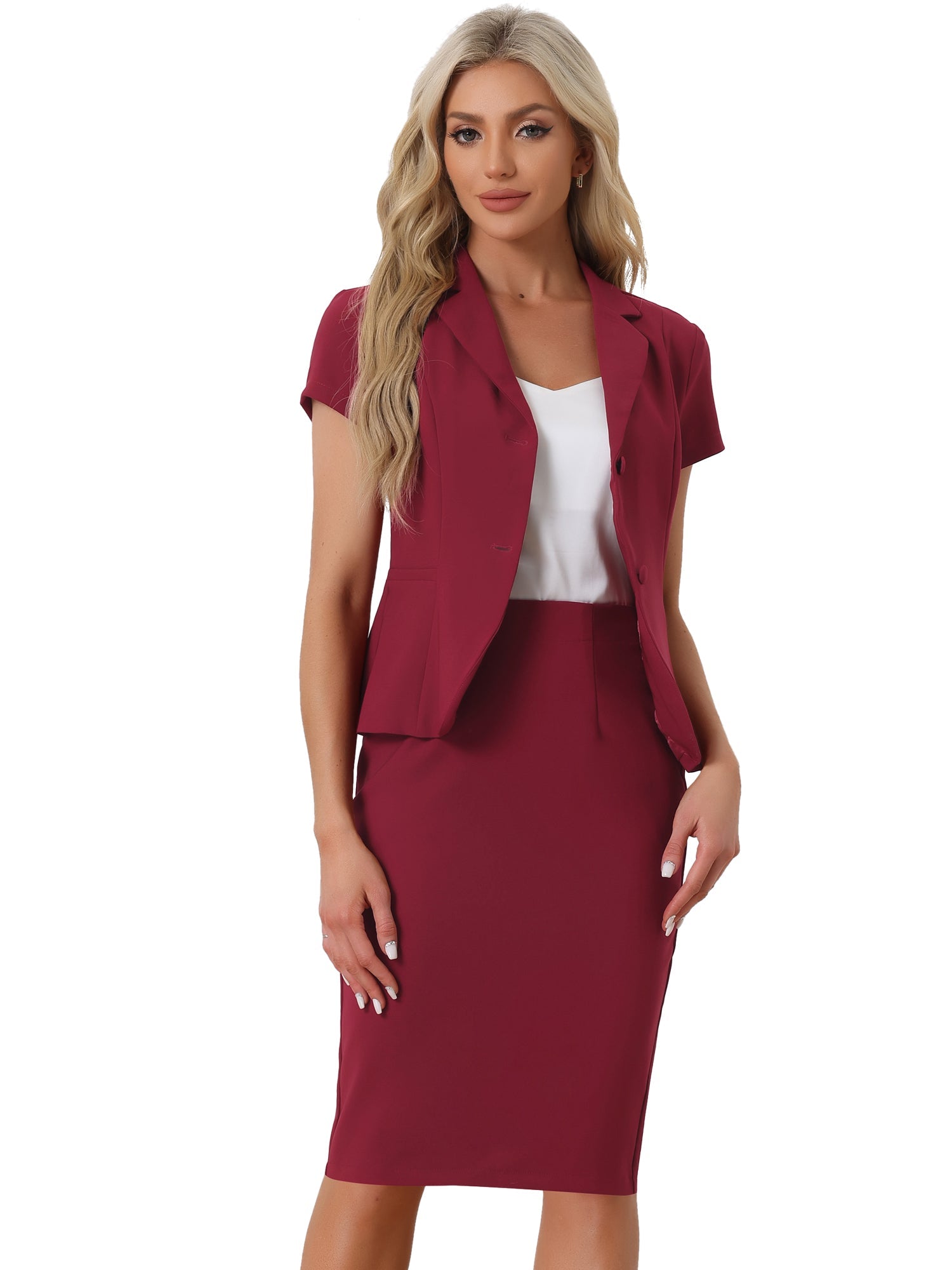 2 Piece Short Sleeve Notched Lapel Blazer Jacket & Pencil Midi Skirt Suit Set