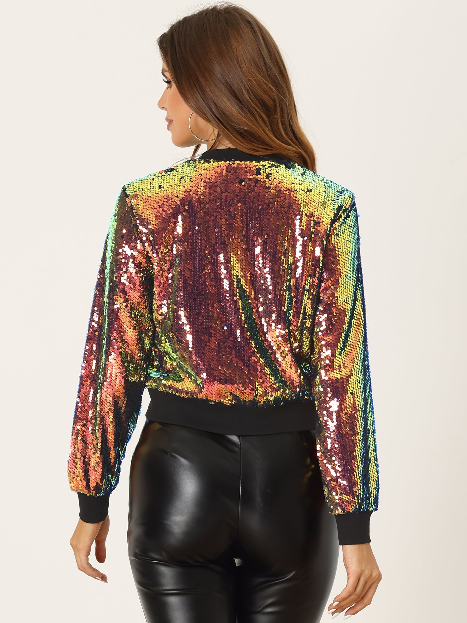 Sequin Long Sleeve Zipper Up Collarless Glitter Bomber Jacket