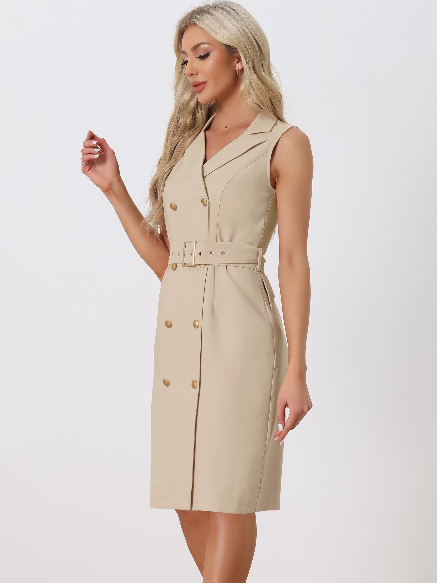 Sleeveless Notched Lapel Double Breasted Belted Office Blazer Dress